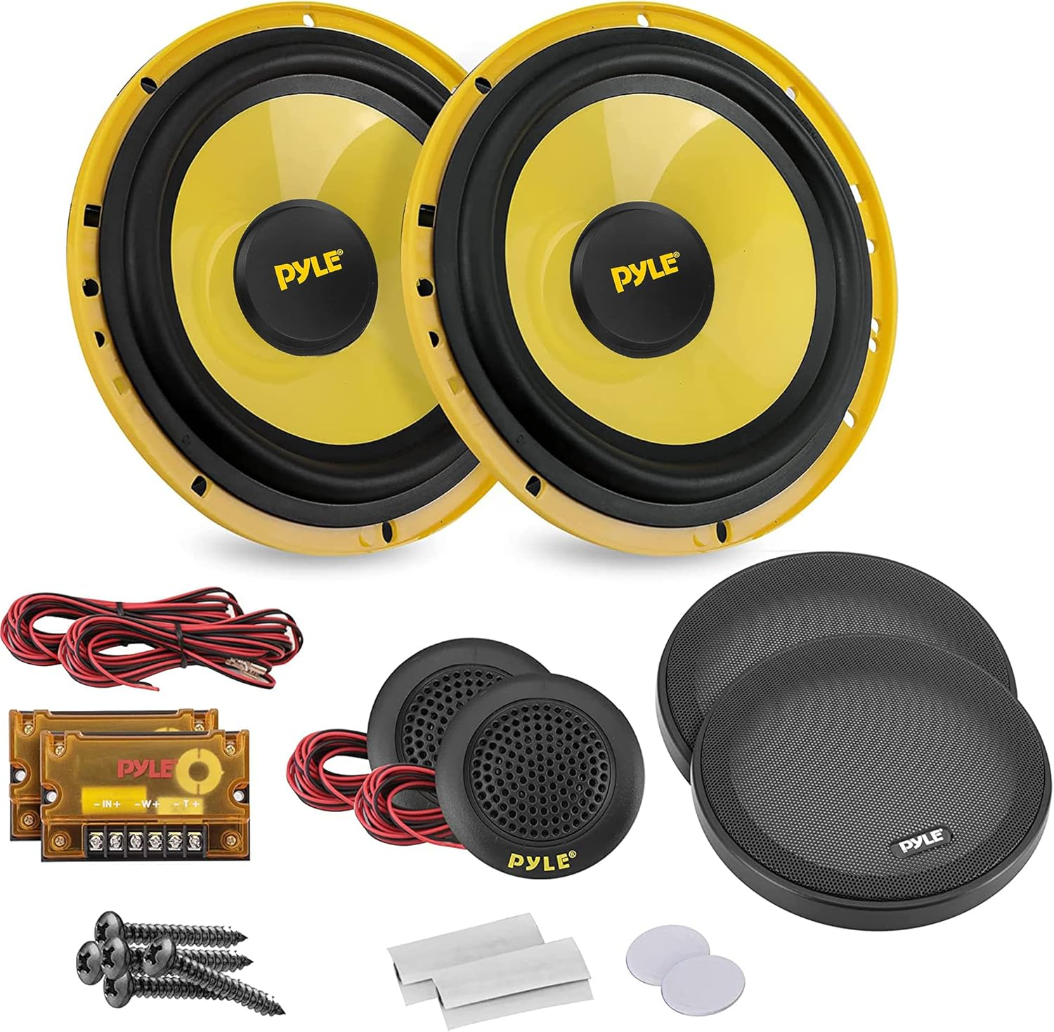 PYLE Car Midbass Speaker System – Pro 8" 600W with 40oz Magnet, Tweeters, Grills, 45Hz-4KHz Frequency Range, 3.1” Mount Depth, PLG8C (Pair), Black and Yellow, Dimensions: 8.6 x 8.6 x 4.2 inches