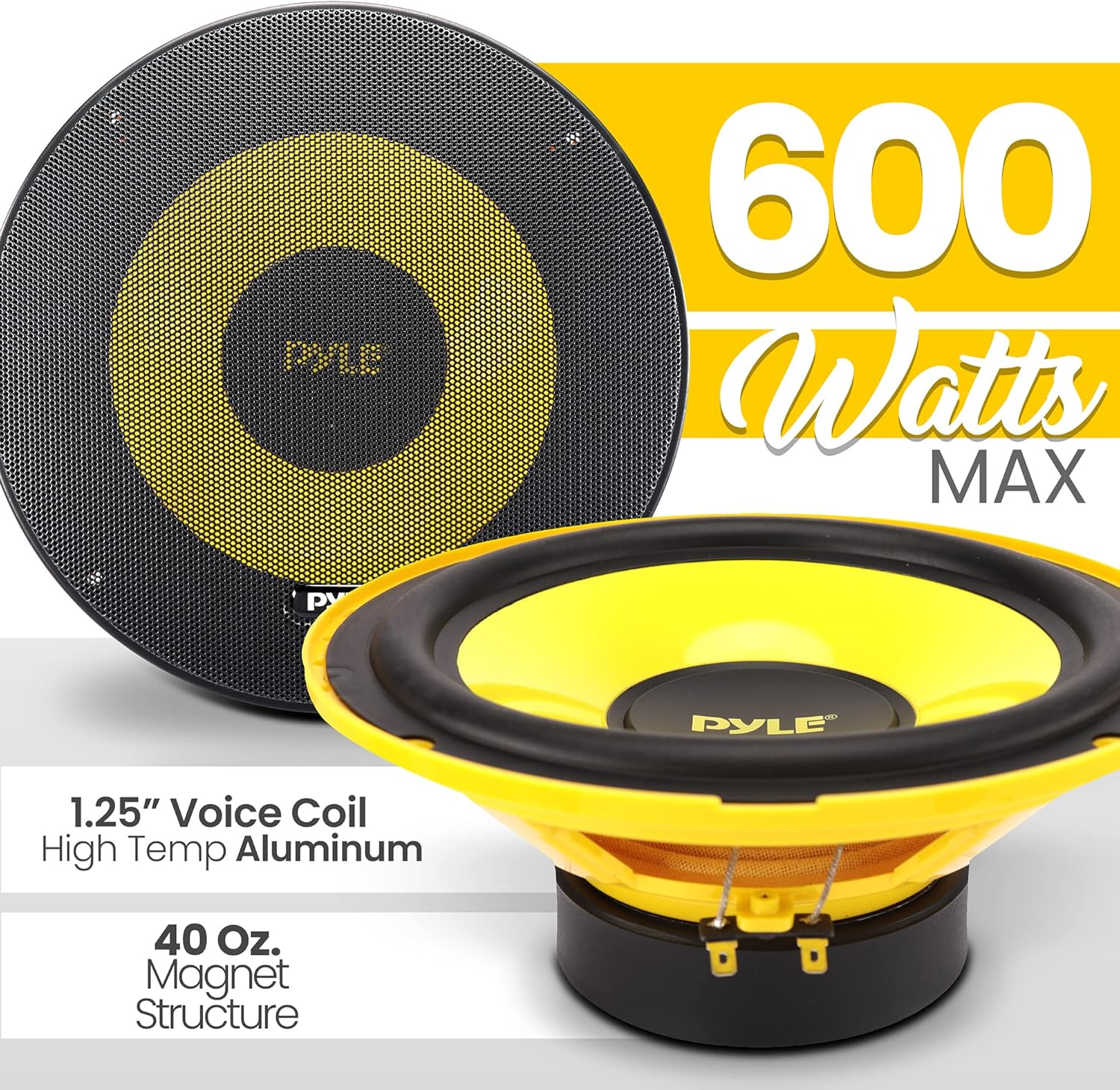 PYLE Car Midbass Speaker System – Pro 8" 600W with 40oz Magnet, Tweeters, Grills, 45Hz-4KHz Frequency Range, 3.1” Mount Depth, PLG8C (Pair), Black and Yellow, Dimensions: 8.6 x 8.6 x 4.2 inches