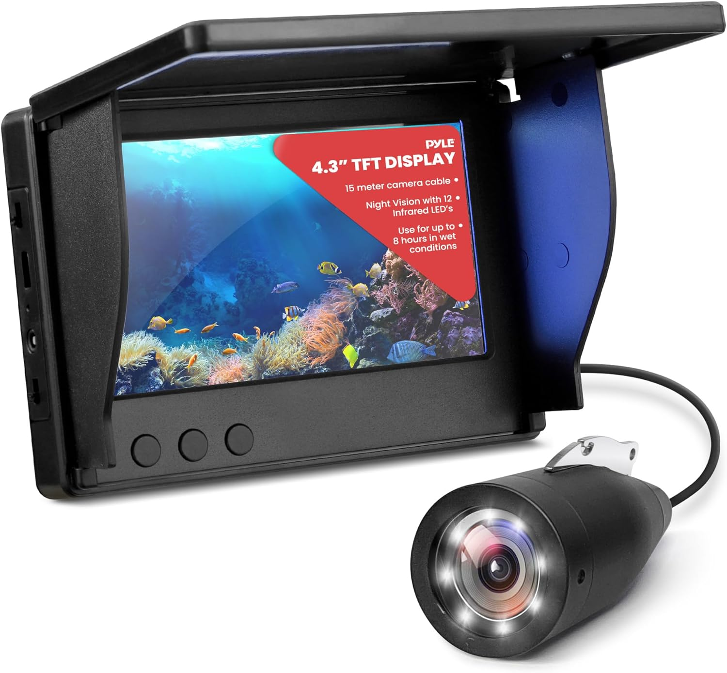 4.3'' Portable LCD Monitor Underwater Fishing Camera – 1000TVL Camera with 12 Infrared Lights, includes Carrying Case (Black)