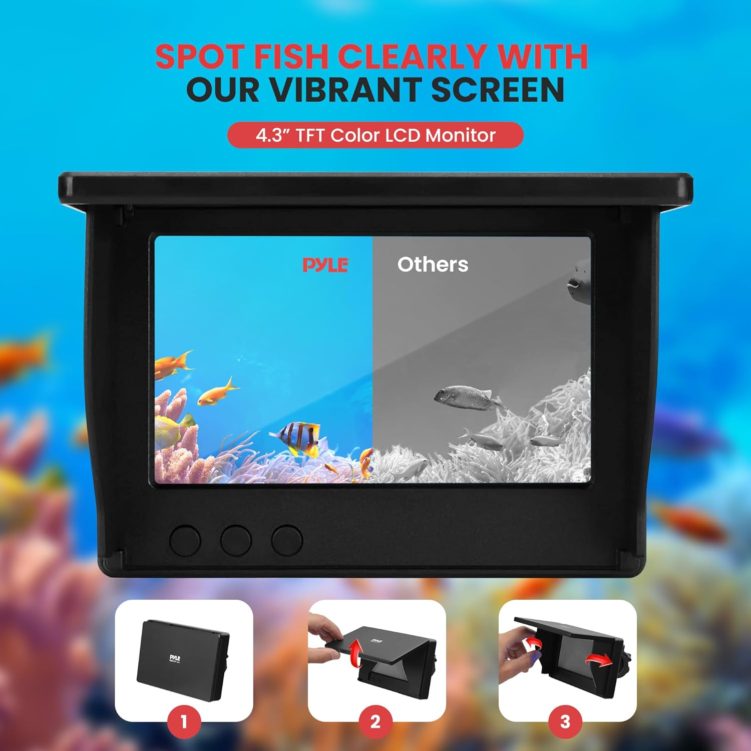 4.3'' Portable LCD Monitor Underwater Fishing Camera – 1000TVL Camera with 12 Infrared Lights, includes Carrying Case (Black)