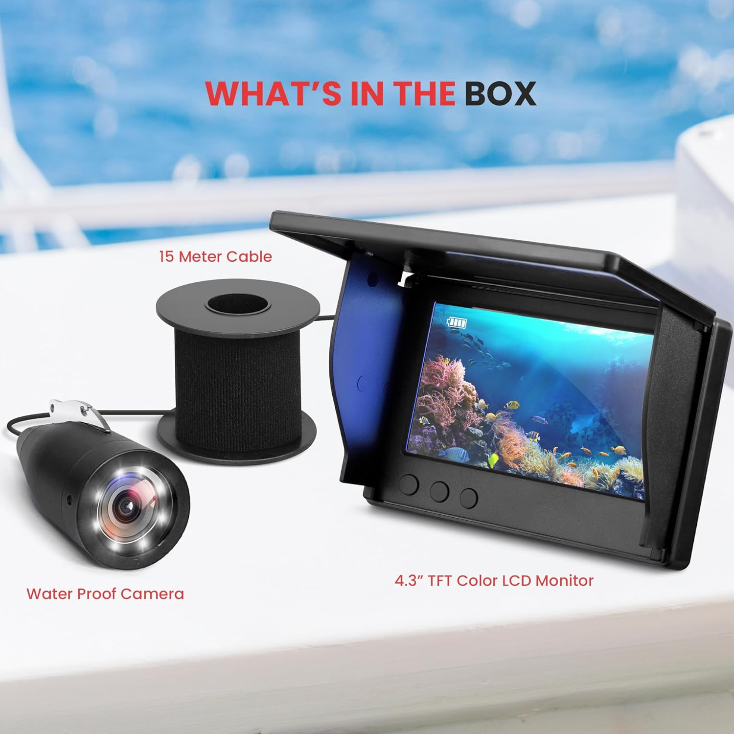 4.3'' Portable LCD Monitor Underwater Fishing Camera – 1000TVL Camera with 12 Infrared Lights, includes Carrying Case (Black)