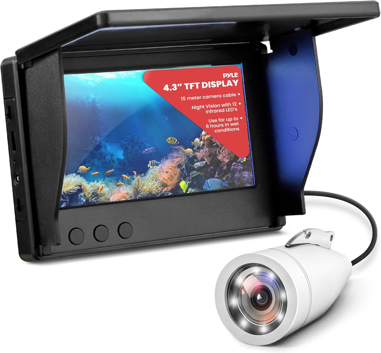 4.3'' Portable LCD Monitor Underwater Fishing Camera – 1000TVL Camera with 12 Infrared Lights, includes Carrying Case (White)