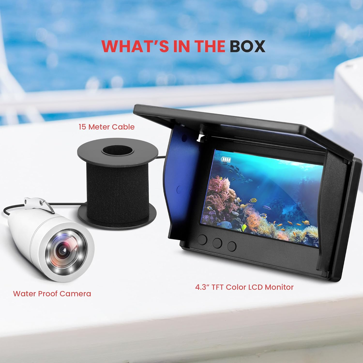 4.3'' Portable LCD Monitor Underwater Fishing Camera – 1000TVL Camera with 12 Infrared Lights, includes Carrying Case (White)