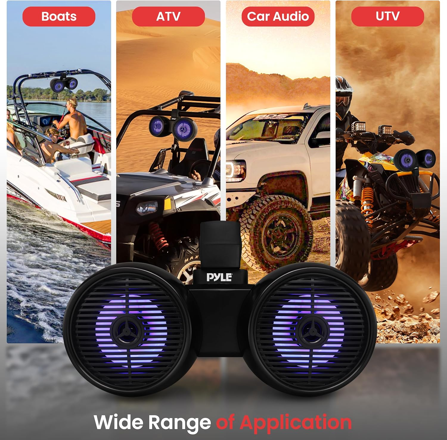 Pyle Dual Waterproof Off-Road Speakers - 6.5" 200W 2-Way Marine Wakeboard Tower Sound System with LED lights, Full-Range Outdoor Stereo Speakers for Car, ATV, UTV, Jeep, Boat, includes Mounting Brackets (Black)