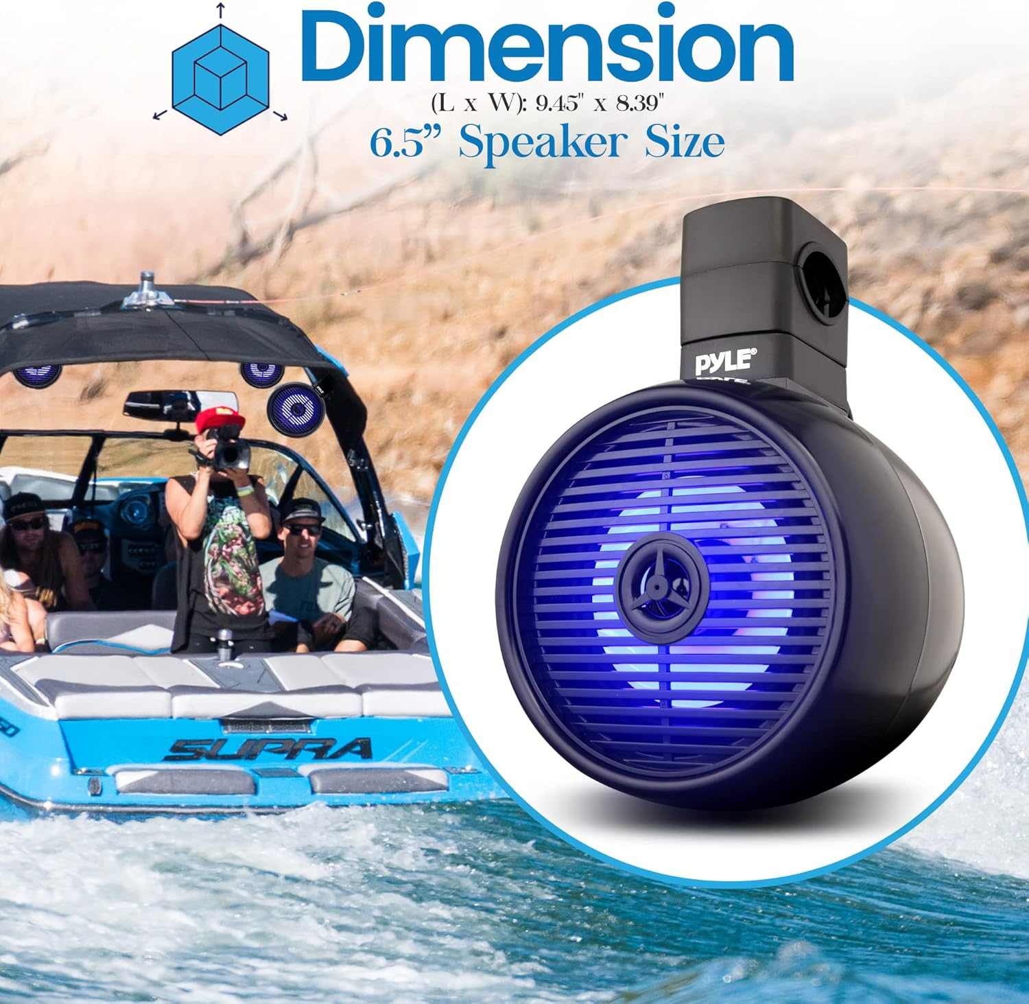 Pyle 6.5” Waterproof Off-Road Speakers - 200W 2-Way Marine Wakeboard Tower Sound System with LED lights, Full-Range Outdoor Stereo Speakers for Car, ATV, UTV, Jeep, and Boat, includes Mounting Brackets (Black)