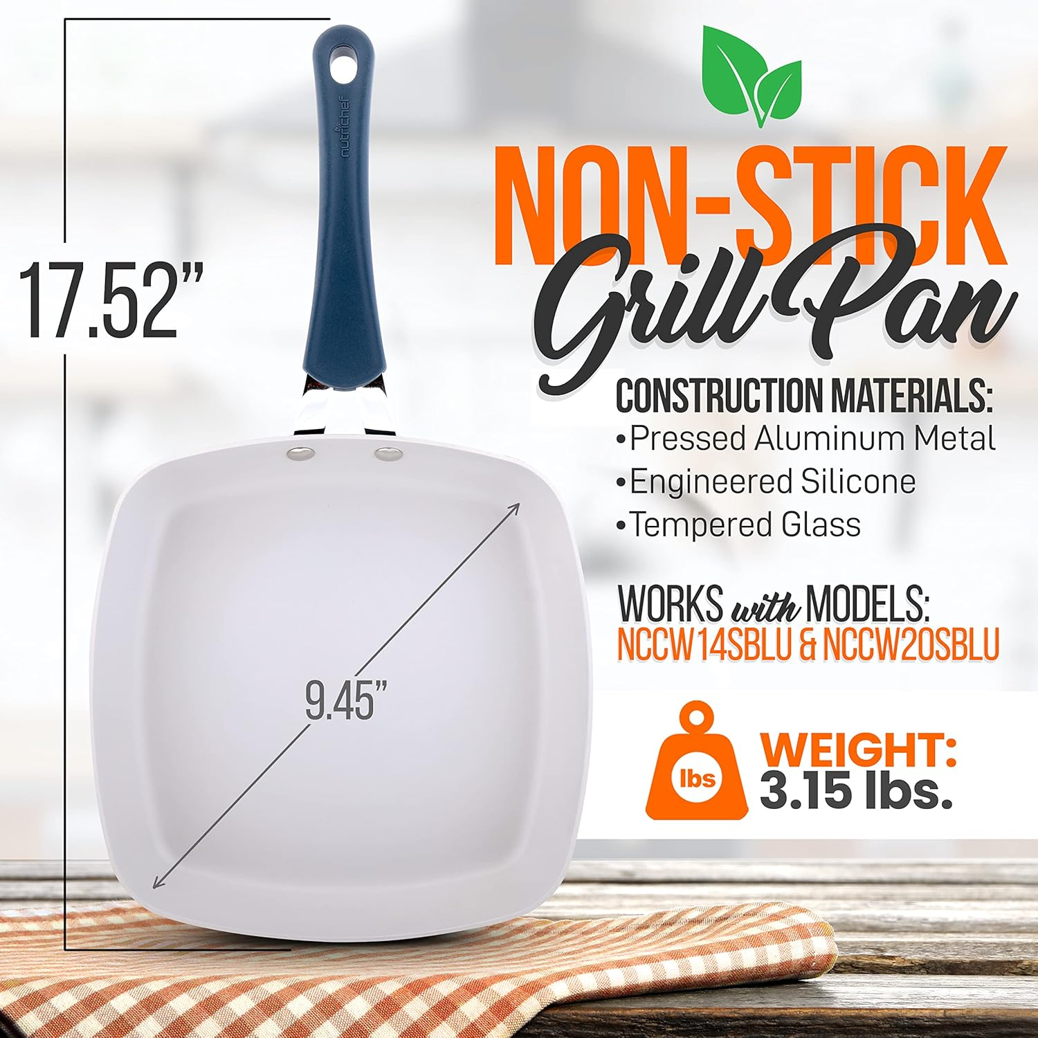 9.45'' Grill Pan - Premium Non-Stick Kitchen Cookware (Compatible with Models: NCCW14SBLU & NCCW20SBLU)