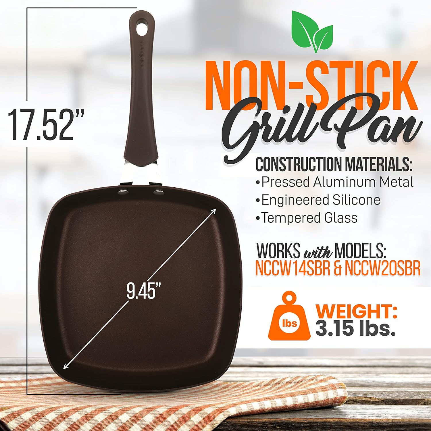 NutriChef Kitchen 9.45'' Grill Pan - Premium Non-Stick Cookware, Safe for Gas, Electric, Ceramic, and Induction Counter Cooktops (Compatible with Models: NCCW14SBR & NCCW20SBR) NCCW14SBRGRILLP