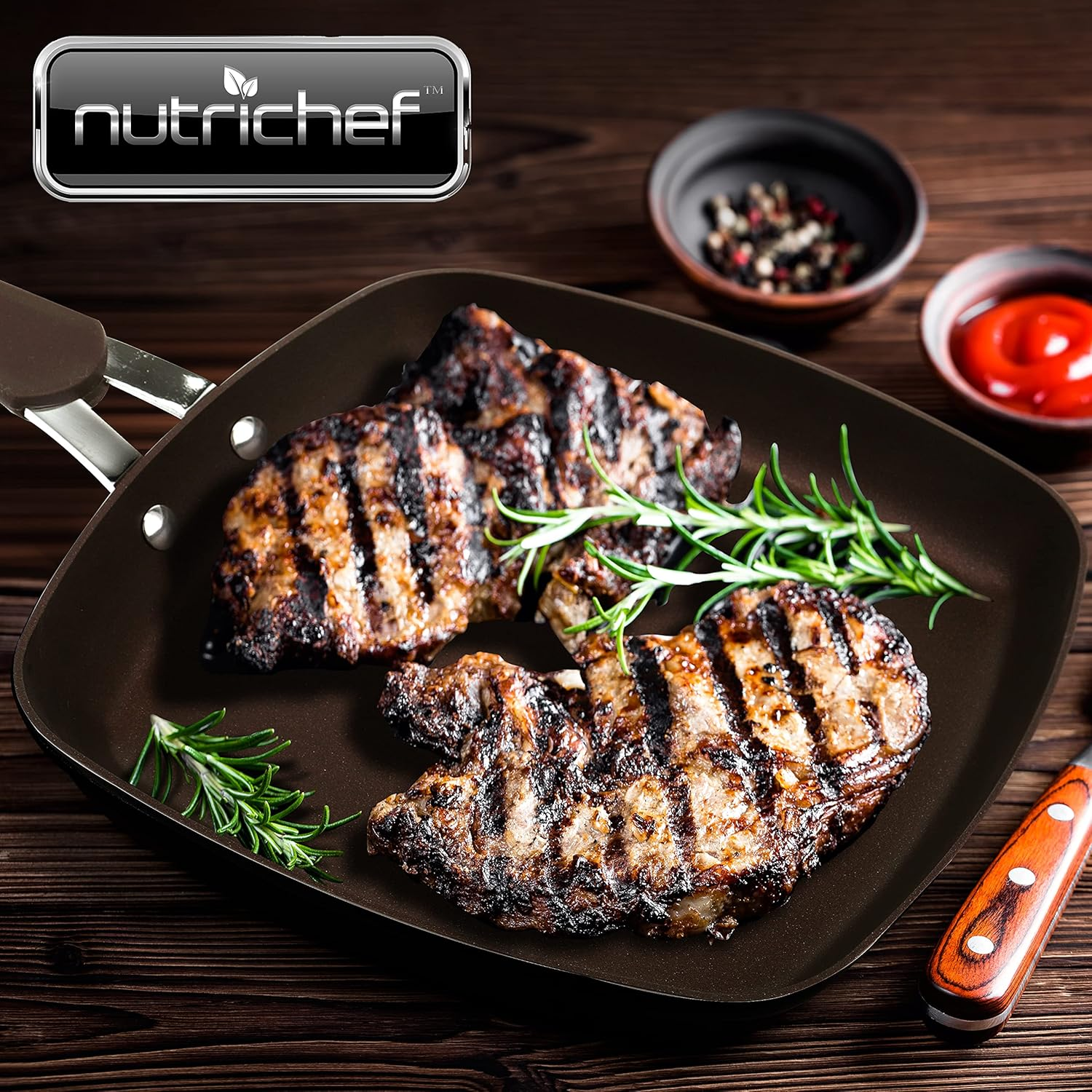 NutriChef Kitchen 9.45'' Grill Pan - Premium Non-Stick Cookware, Safe for Gas, Electric, Ceramic, and Induction Counter Cooktops (Compatible with Models: NCCW14SBR & NCCW20SBR) NCCW14SBRGRILLP