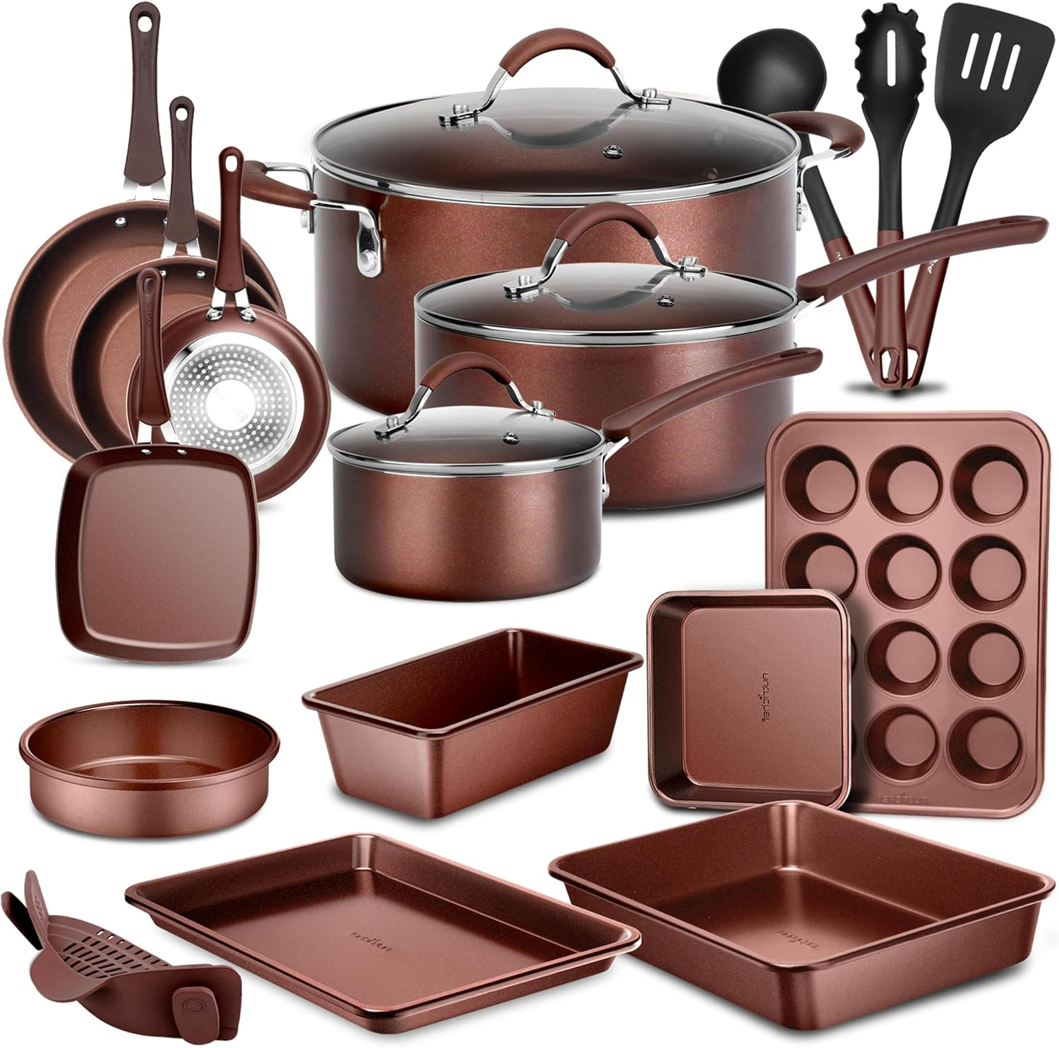 NutriChef 20 Piece Professional Cookware and Bakeware Set Non Stick Kitchenware with Cool-Touch Handles Safe for Gas Electric Induction Cooktops Easy Clean Brown