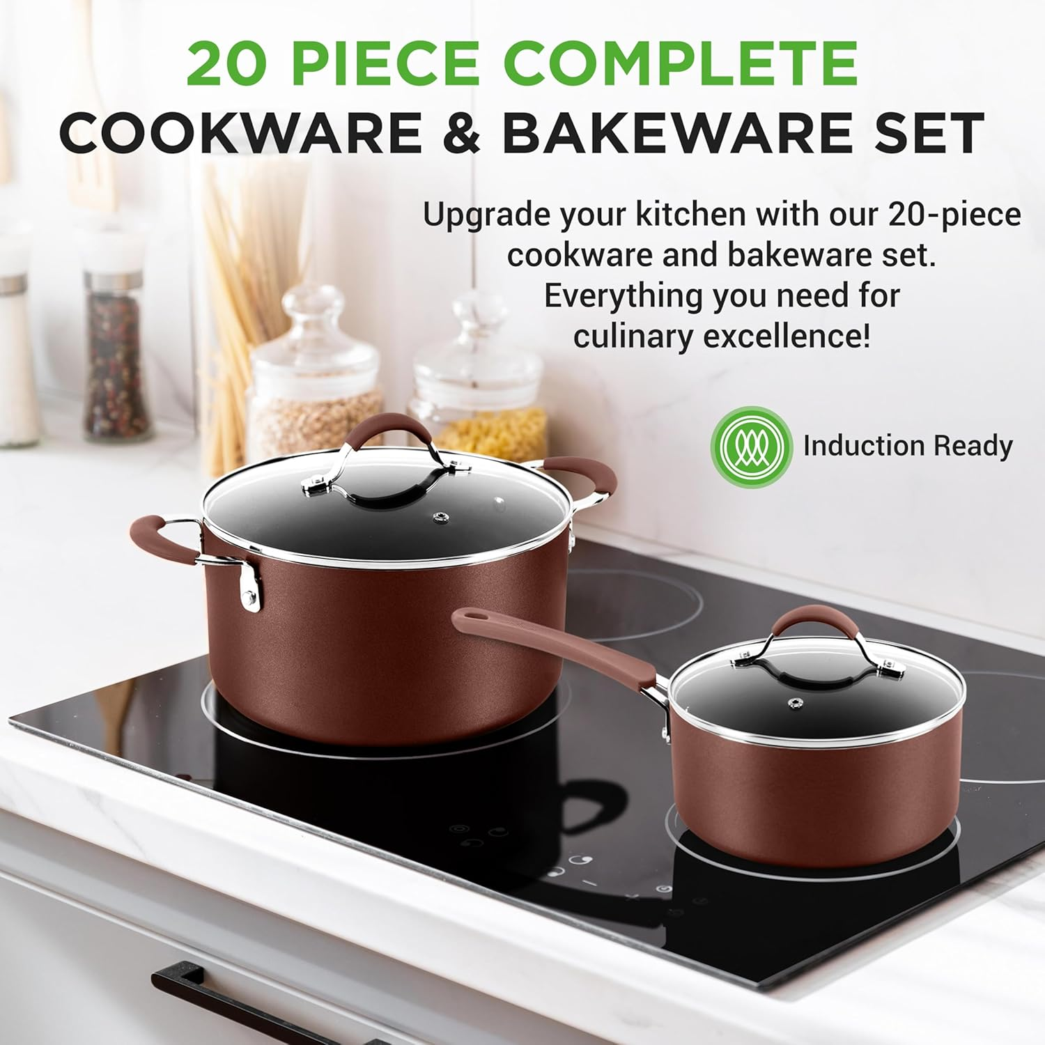 NutriChef 20 Piece Professional Cookware and Bakeware Set Non Stick Kitchenware with Cool-Touch Handles Safe for Gas Electric Induction Cooktops Easy Clean Brown