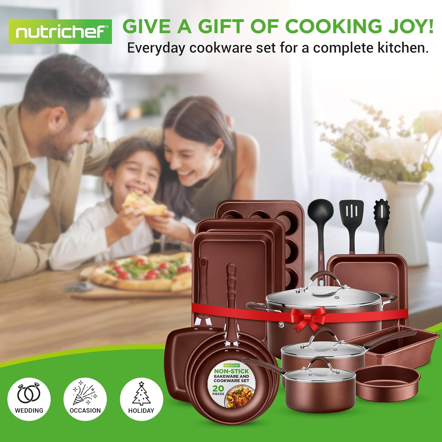 NutriChef 20 Piece Professional Cookware and Bakeware Set Non Stick Kitchenware with Cool-Touch Handles Safe for Gas Electric Induction Cooktops Easy Clean Brown