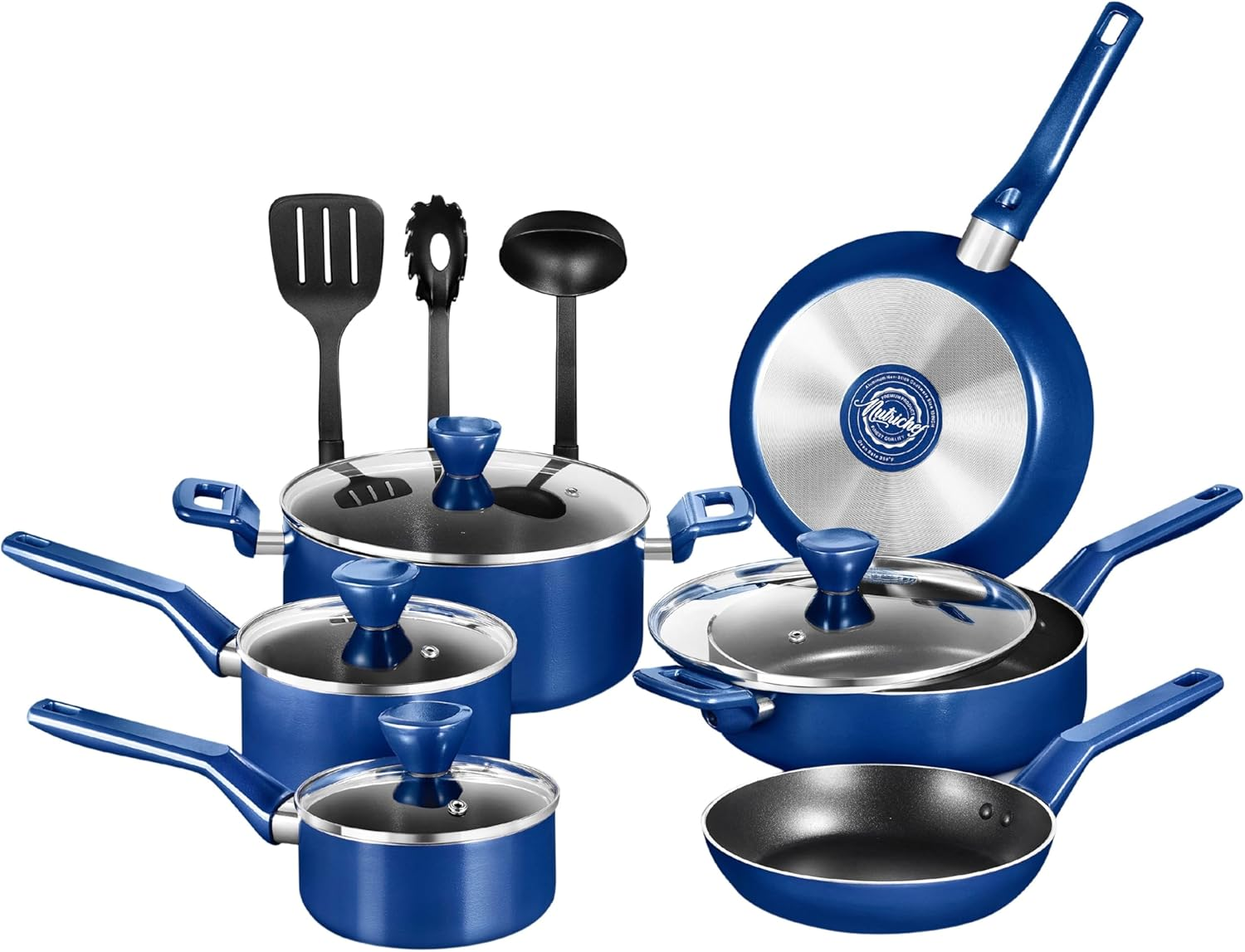 NutriChef Kitchenware 13 Piece Non Stick Pots and Pans Set Stylish Cookware One Size Blue