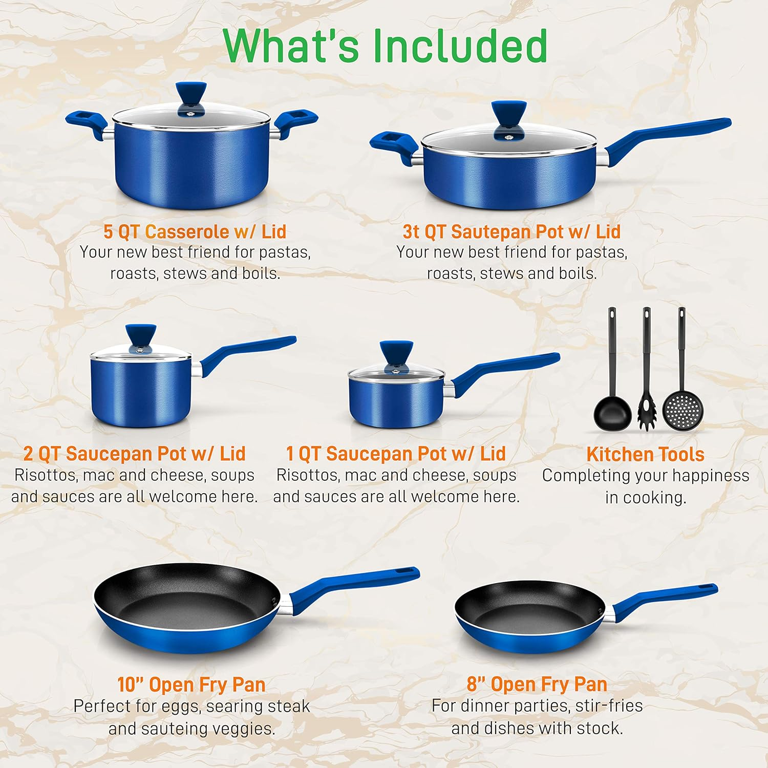 NutriChef Kitchenware 13 Piece Non Stick Pots and Pans Set Stylish Cookware One Size Blue