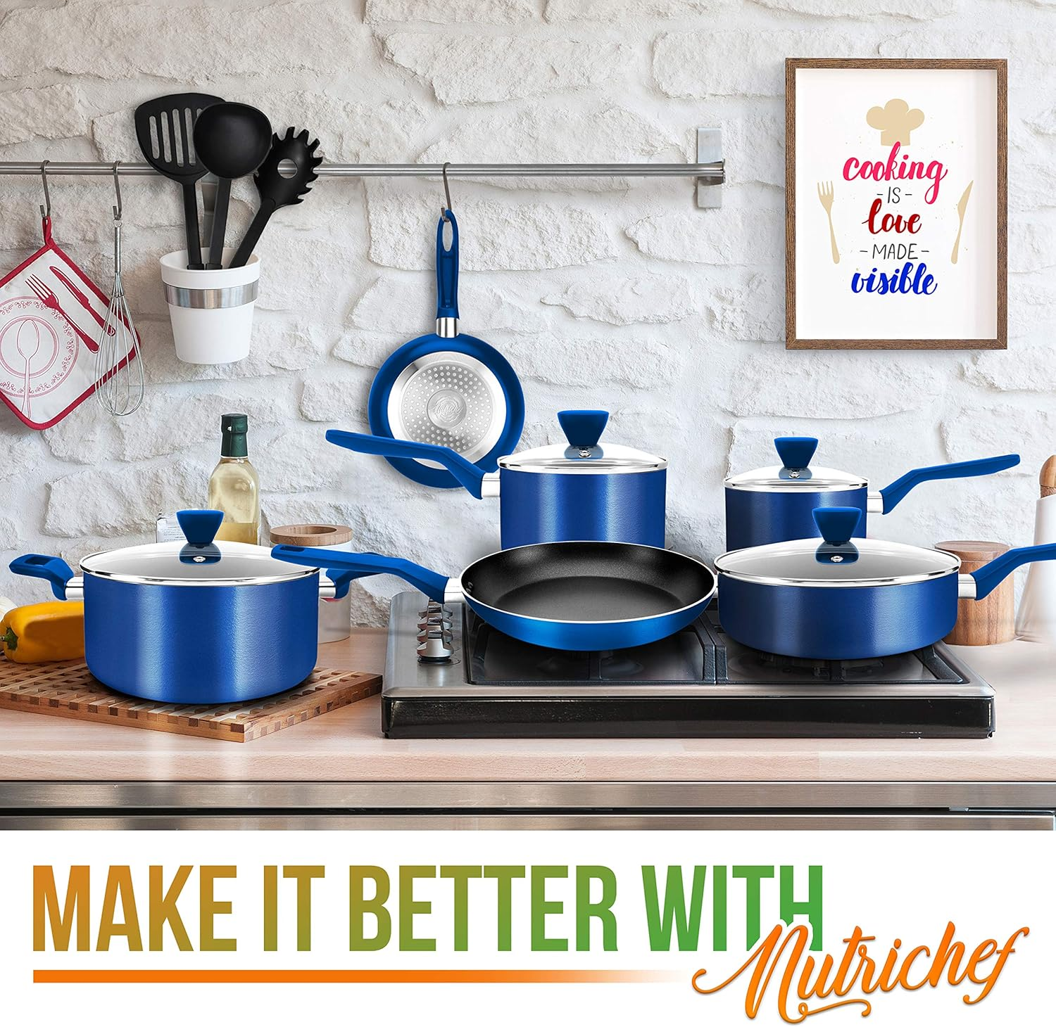 NutriChef Kitchenware 13 Piece Non Stick Pots and Pans Set Stylish Cookware One Size Blue