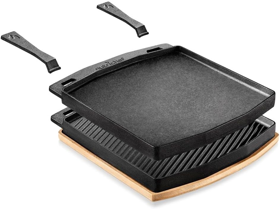 Cast Iron Reversible Grill Plate with Removable Handles – Square Stove Top Griddle and Grill Skillet, Oven Safe, Includes Wood Base