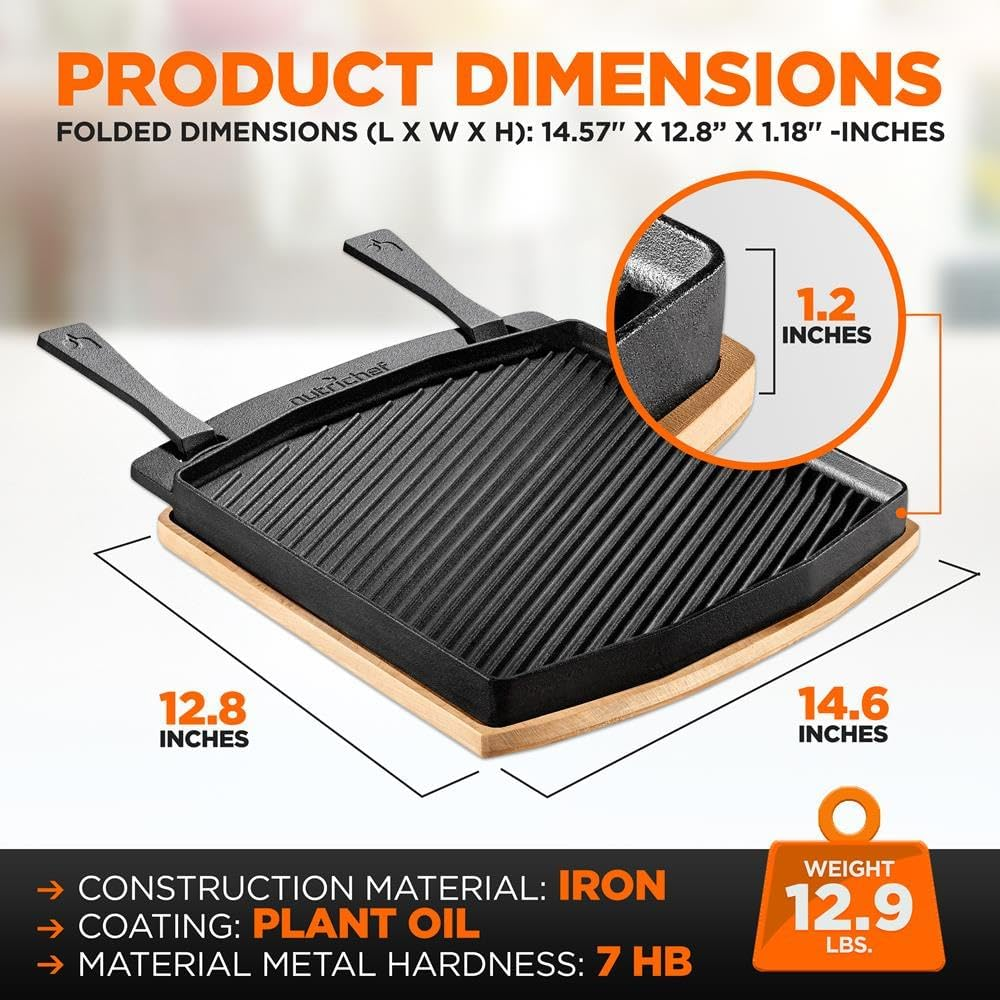 Cast Iron Reversible Grill Plate with Removable Handles – Square Stove Top Griddle and Grill Skillet, Oven Safe, Includes Wood Base