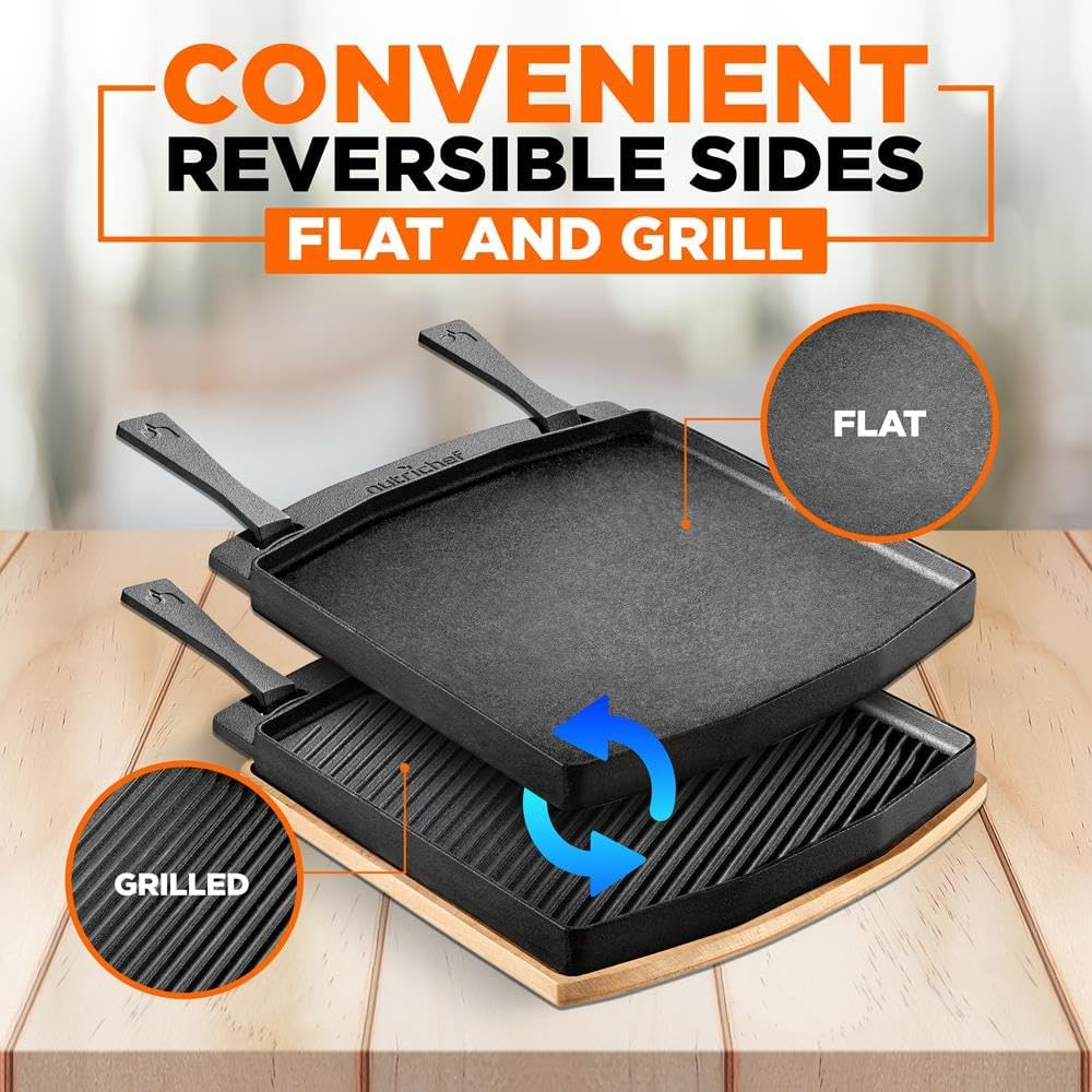 Cast Iron Reversible Grill Plate with Removable Handles – Square Stove Top Griddle and Grill Skillet, Oven Safe, Includes Wood Base