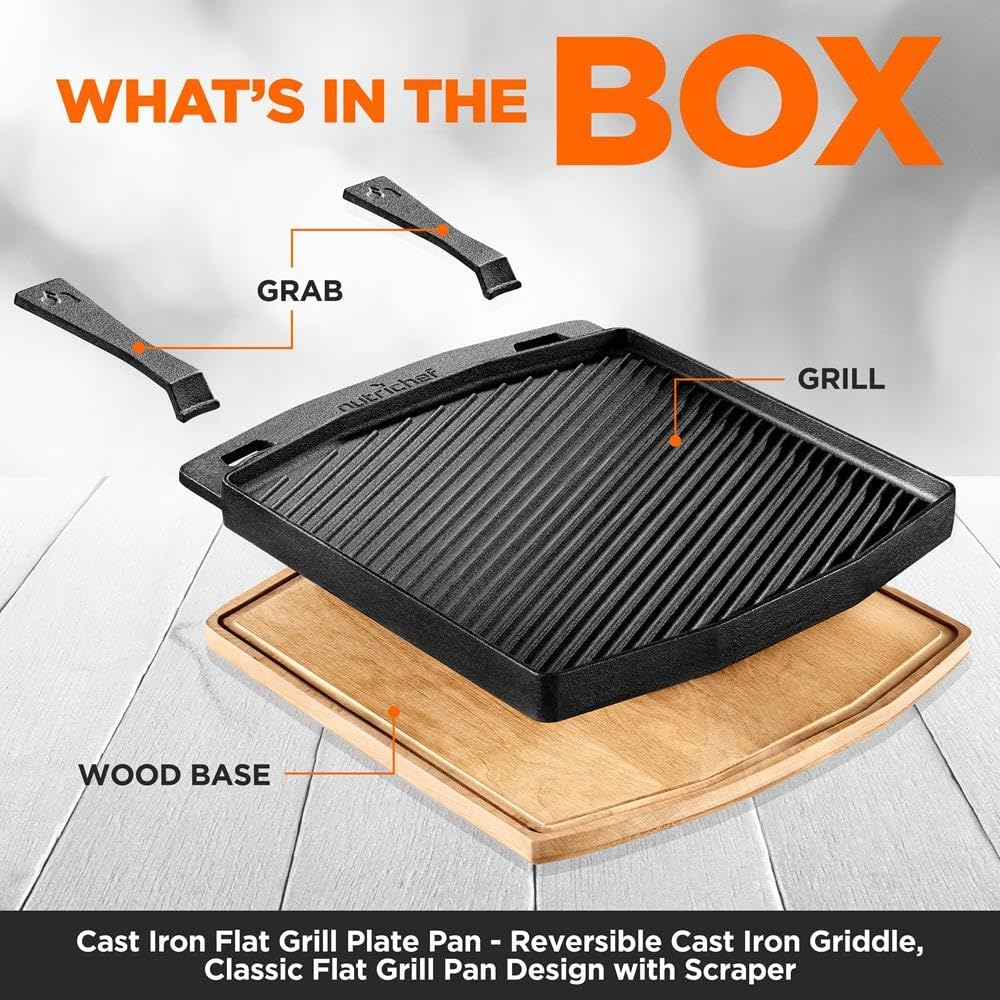 Cast Iron Reversible Grill Plate with Removable Handles – Square Stove Top Griddle and Grill Skillet, Oven Safe, Includes Wood Base