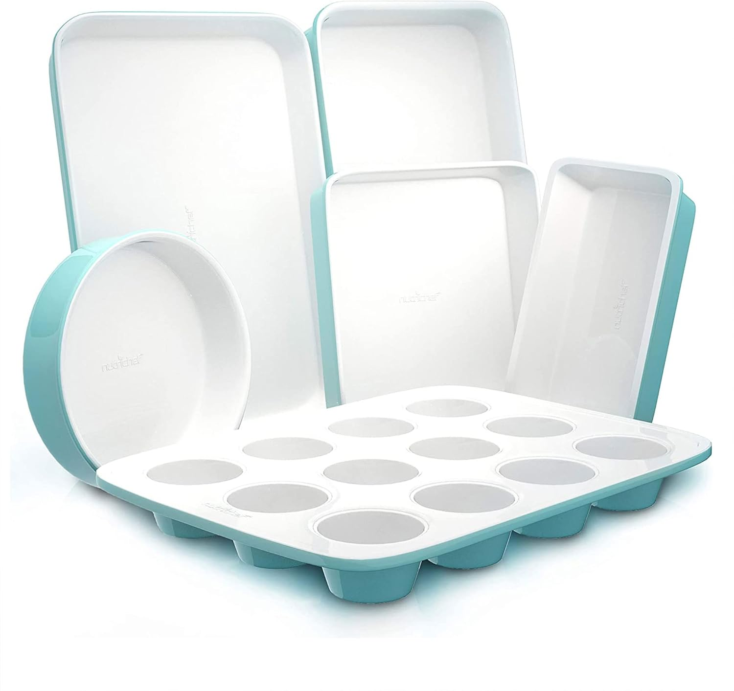 NutriChef 6-Piece Nonstick Bakeware Set – Baking Sheet and Tray Set, Quality Kitchenware for Cooking and Baking, Stylish Aqua and White Oven Trays