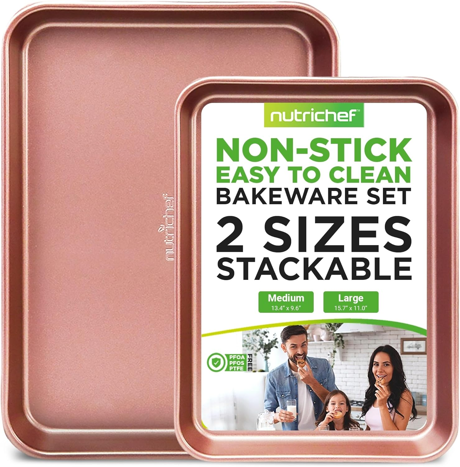 Nonstick Cookie Sheet Baking Pan – 2-Piece Set of Large and Medium Metal Oven Baking Trays, Professional Quality with Rimmed Borders, Guaranteed NOT to Warp - NutriChef NC2TRRG