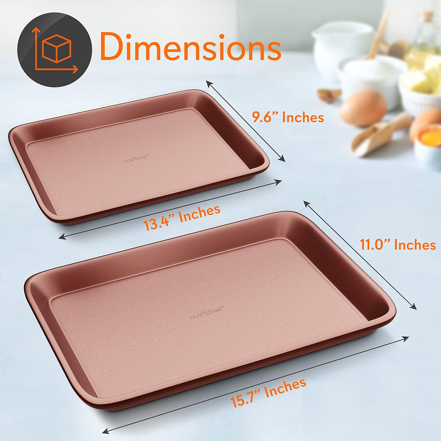 Nonstick Cookie Sheet Baking Pan – 2-Piece Set of Large and Medium Metal Oven Baking Trays, Professional Quality with Rimmed Borders, Guaranteed NOT to Warp - NutriChef NC2TRRG