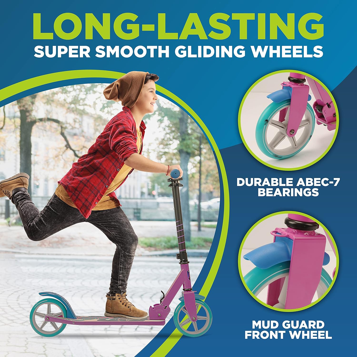 Jovial 2-Wheel Folding Kick Scooter – Compact and Foldable Riding Scooter for Teens with Adjustable Height, Alloy Anti-Slip Deck, 7” Wheels, and Mud Guard Front Wheel, Suitable for Boys and Girls