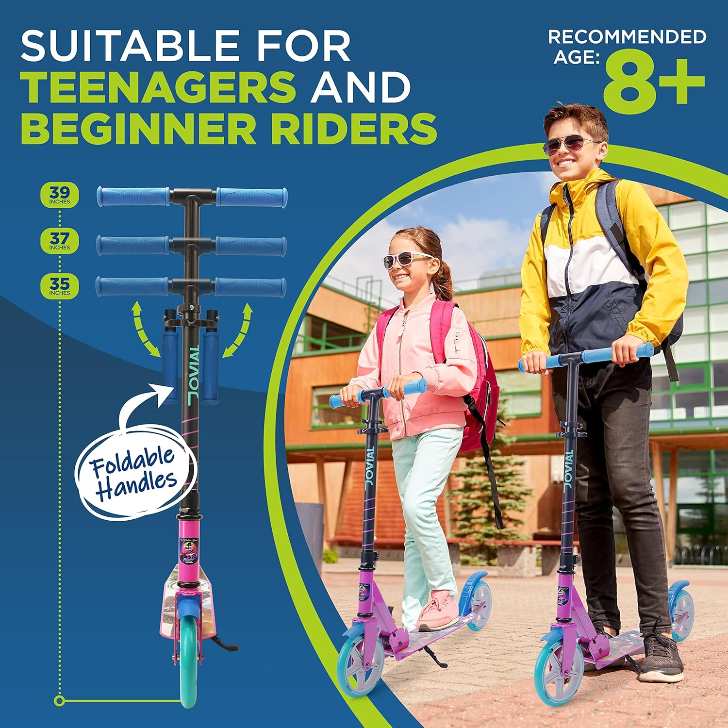 Jovial 2-Wheel Folding Kick Scooter – Compact and Foldable Riding Scooter for Teens with Adjustable Height, Alloy Anti-Slip Deck, 7” Wheels, and Mud Guard Front Wheel, Suitable for Boys and Girls