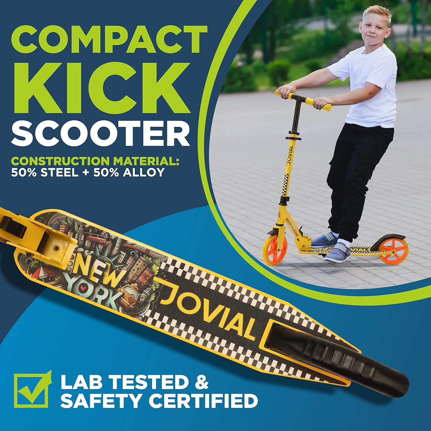 2-Wheel Folding Kick Scooter - Foldable Teen Scooter with Adjustable Height, Alloy Anti-Slip Deck, 7" Wheels, Front Mud Guard, for Kids Ages 6+ - JOVNYC