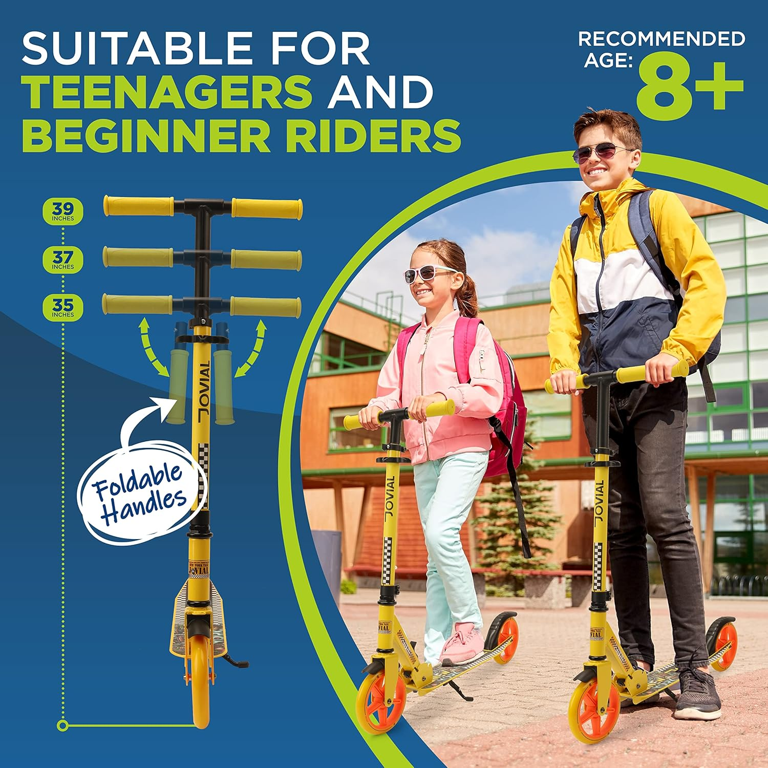 2-Wheel Folding Kick Scooter - Foldable Teen Scooter with Adjustable Height, Alloy Anti-Slip Deck, 7" Wheels, Front Mud Guard, for Kids Ages 6+ - JOVNYC