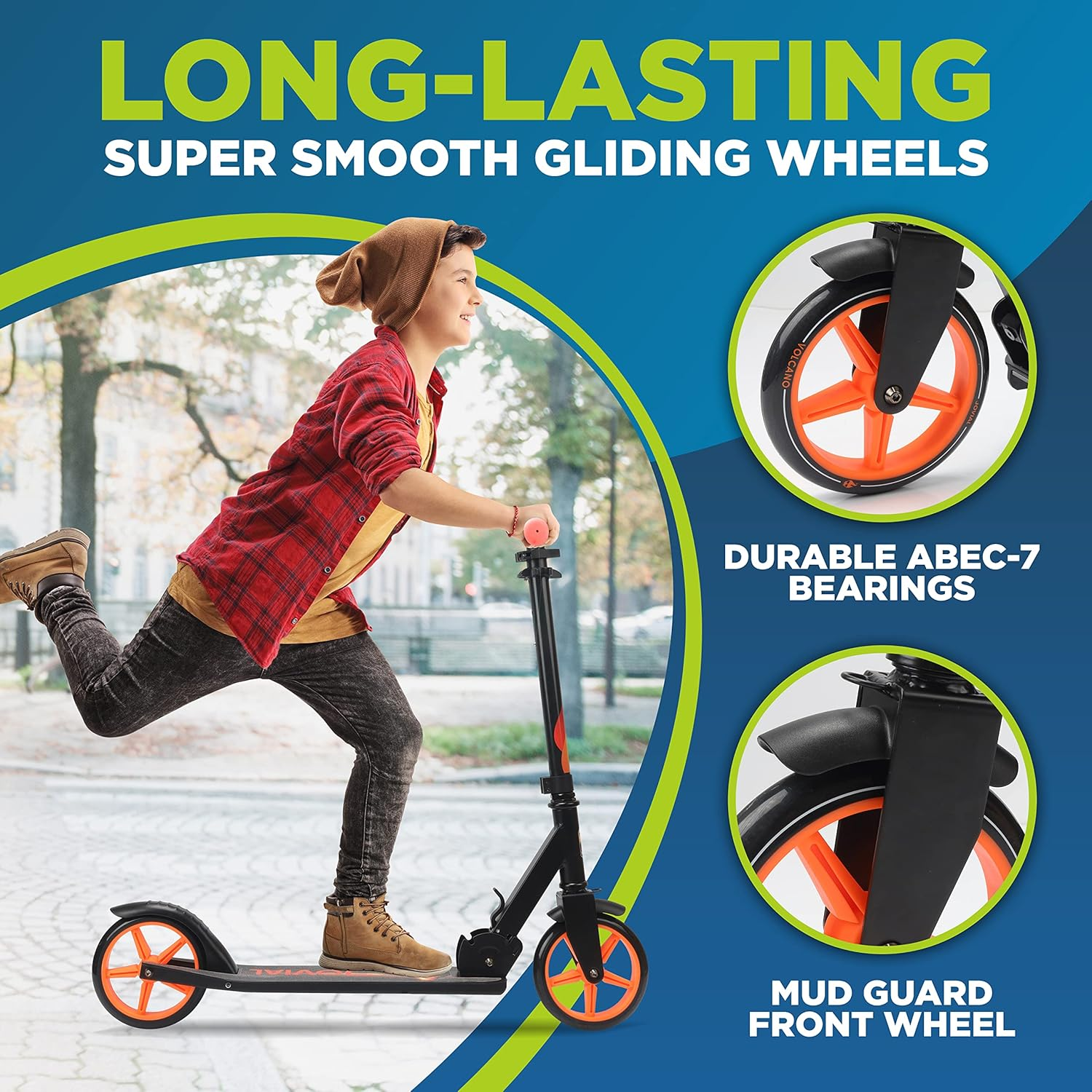 Jovial 2-Wheel Folding Kick Scooter - Foldable Scooter for Teens with Adjustable Height, Alloy Anti-Slip Deck, 7" Wheels, Front Mud Guard, for Boys and Girls