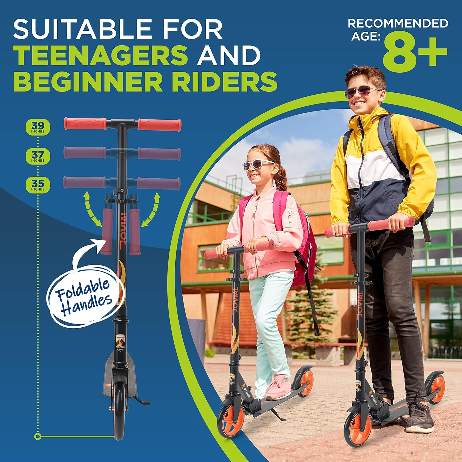 Jovial 2-Wheel Folding Kick Scooter - Foldable Scooter for Teens with Adjustable Height, Alloy Anti-Slip Deck, 7" Wheels, Front Mud Guard, for Boys and Girls