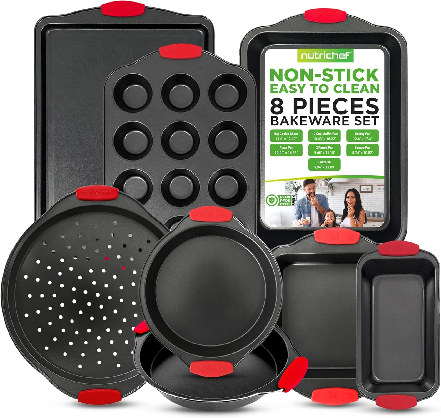 Nutrichef 8-Piece Nonstick Carbon Steel Bakeware Set with Heat-Resistant Red Silicone Handles, Oven Safe up to 450°F, Black (NCSBS8S)