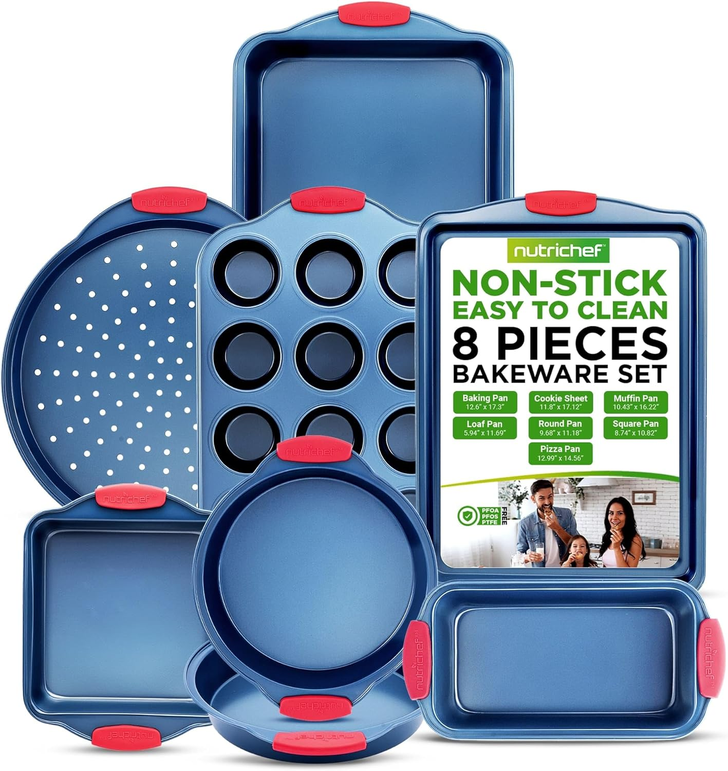 NutriChef 8-Piece Bakeware Set - Nonstick Baking Pans and Cookie Sheets, Includes Cookie Sheet, Roasting Pan, Loaf Pan, Pizza Pan, Muffin Pan, Square Pan, and 2 Cake Pans, Blue