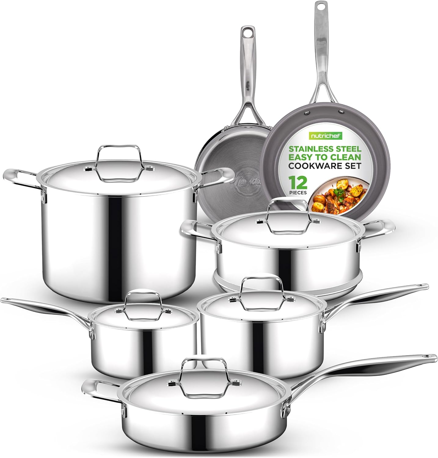 NutriChef 12-Piece Stainless Steel Cookware Set - Pots and Pans with Durable Ceramic Nonstick Coating, Compatible with All Stovetops