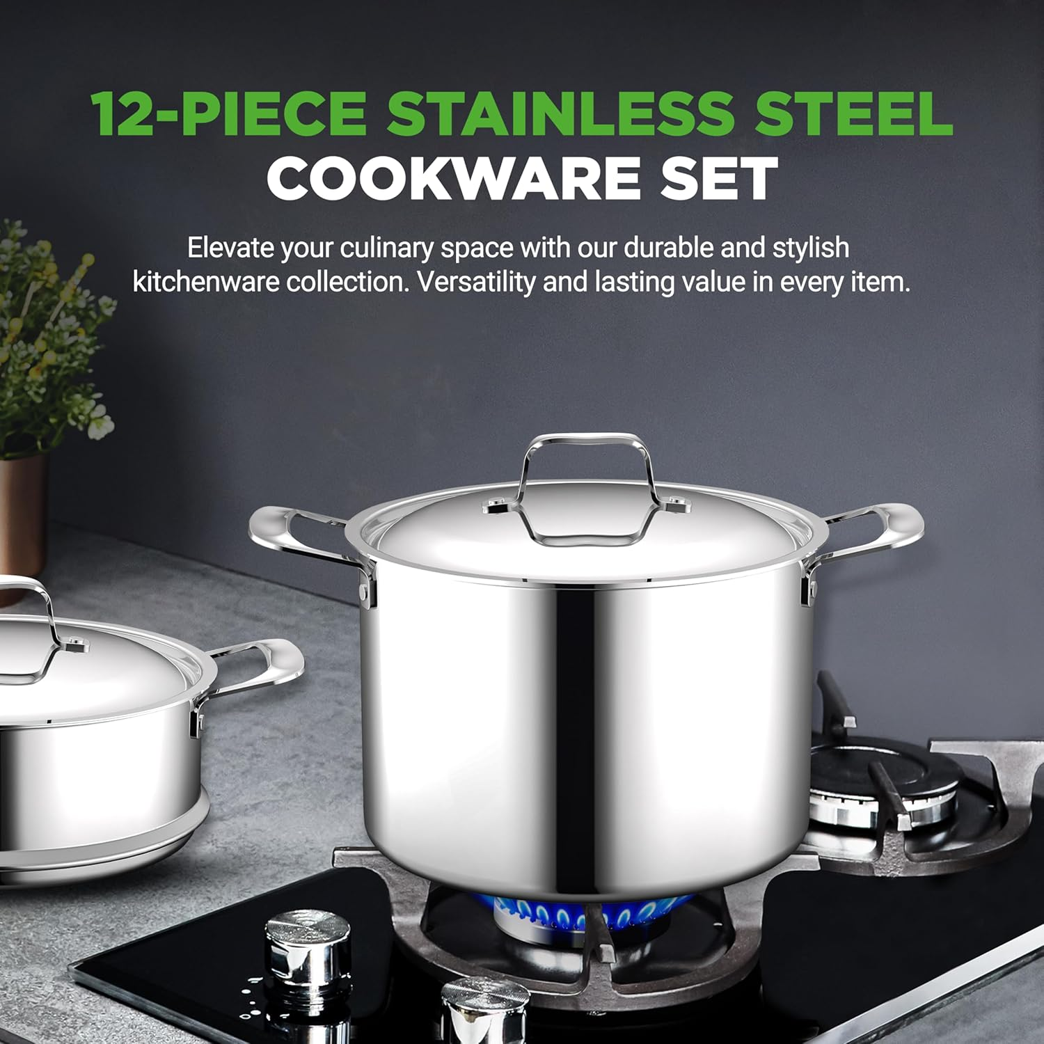 NutriChef 12-Piece Stainless Steel Cookware Set - Pots and Pans with Durable Ceramic Nonstick Coating, Compatible with All Stovetops