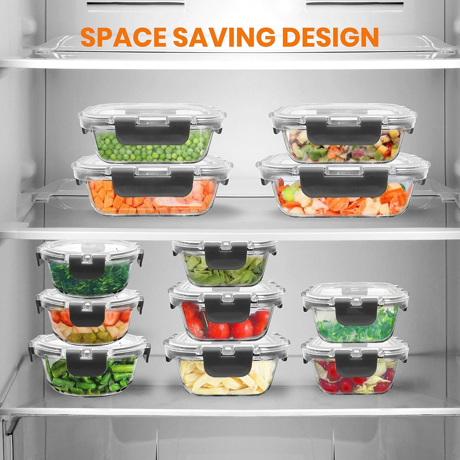 Superior Glass Food Storage Containers - 24-Piece Stackable Meal Prep Set with Innovative Hinged BPA-Free 100% Leakproof Locking Lids, Freezer-to-Oven Safe - NutriChef NCGLGY (Gray)