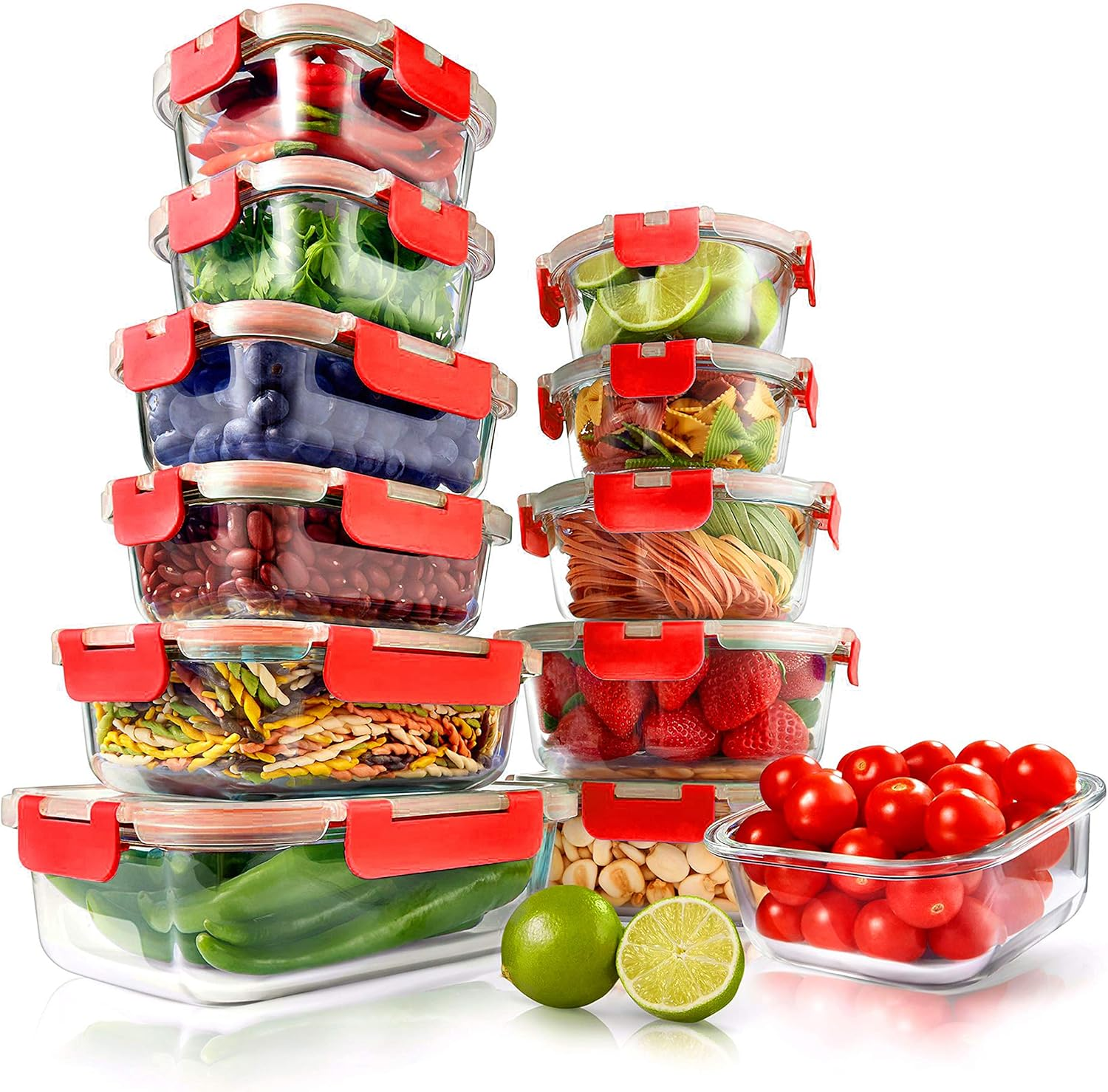 24-Piece Stackable Glass Food Storage Containers - Superior Meal Prep Set with Innovative Hinged Lids, Freezer-to-Oven Safe - NutriChef NCGLRED.5 (Red), One Size