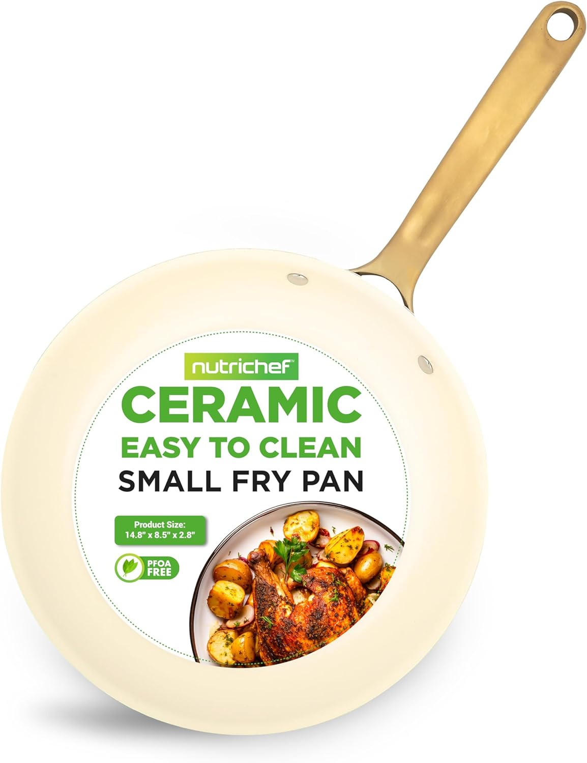 NutriChef 8" Nonstick Frying Pan, Small Ceramic Skillet with Golden Titanium-Coated Handle, PFOA-Free