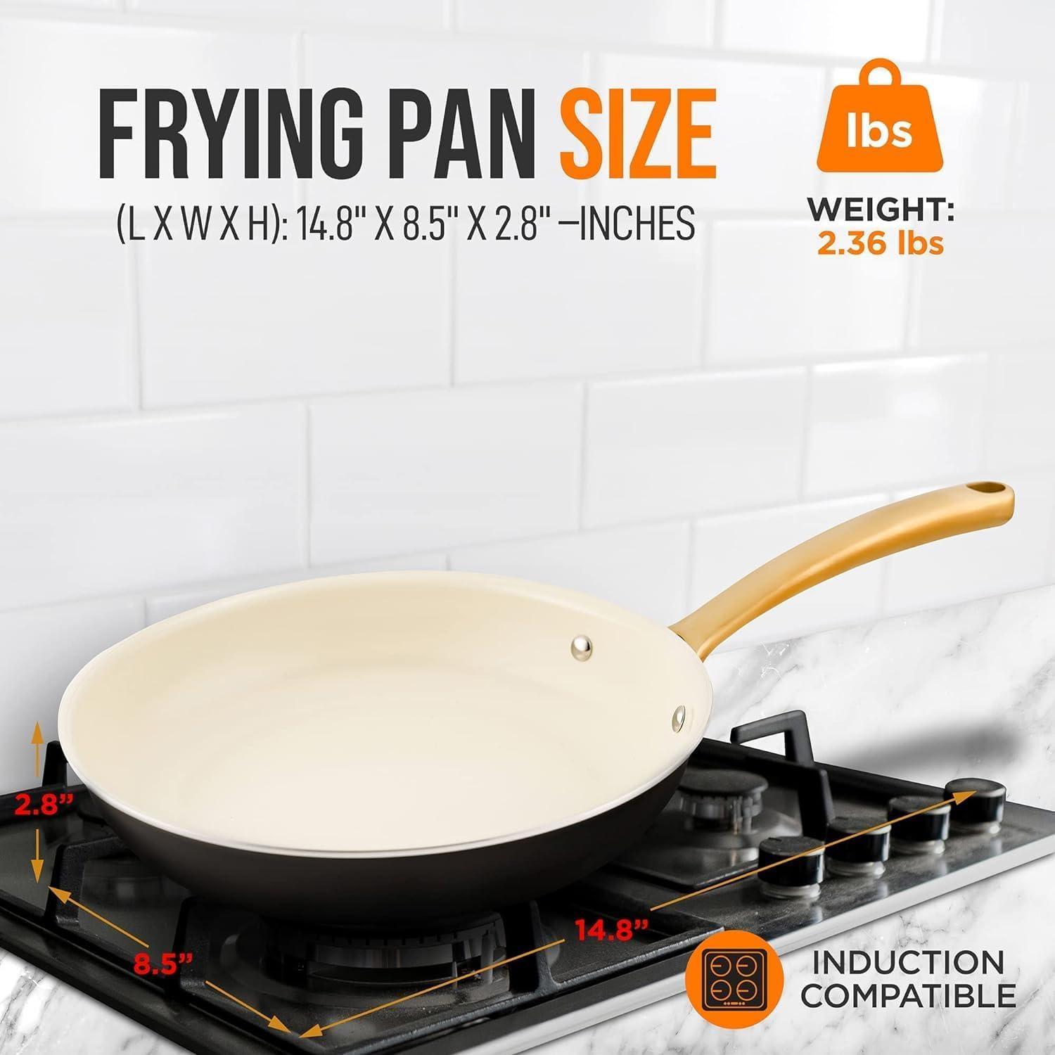 NutriChef 8" Nonstick Frying Pan, Small Ceramic Skillet with Golden Titanium-Coated Handle, PFOA-Free