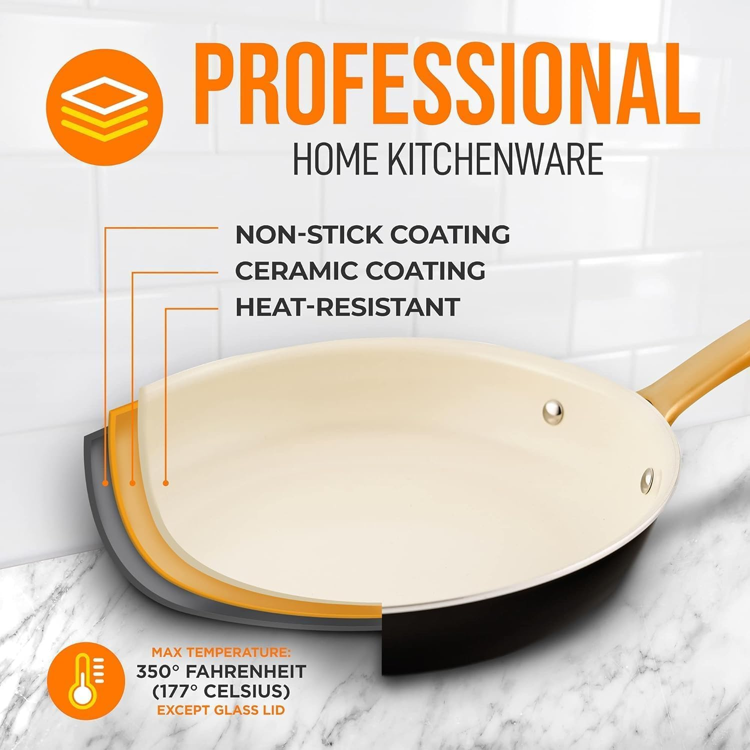 NutriChef 8" Nonstick Frying Pan, Small Ceramic Skillet with Golden Titanium-Coated Handle, PFOA-Free