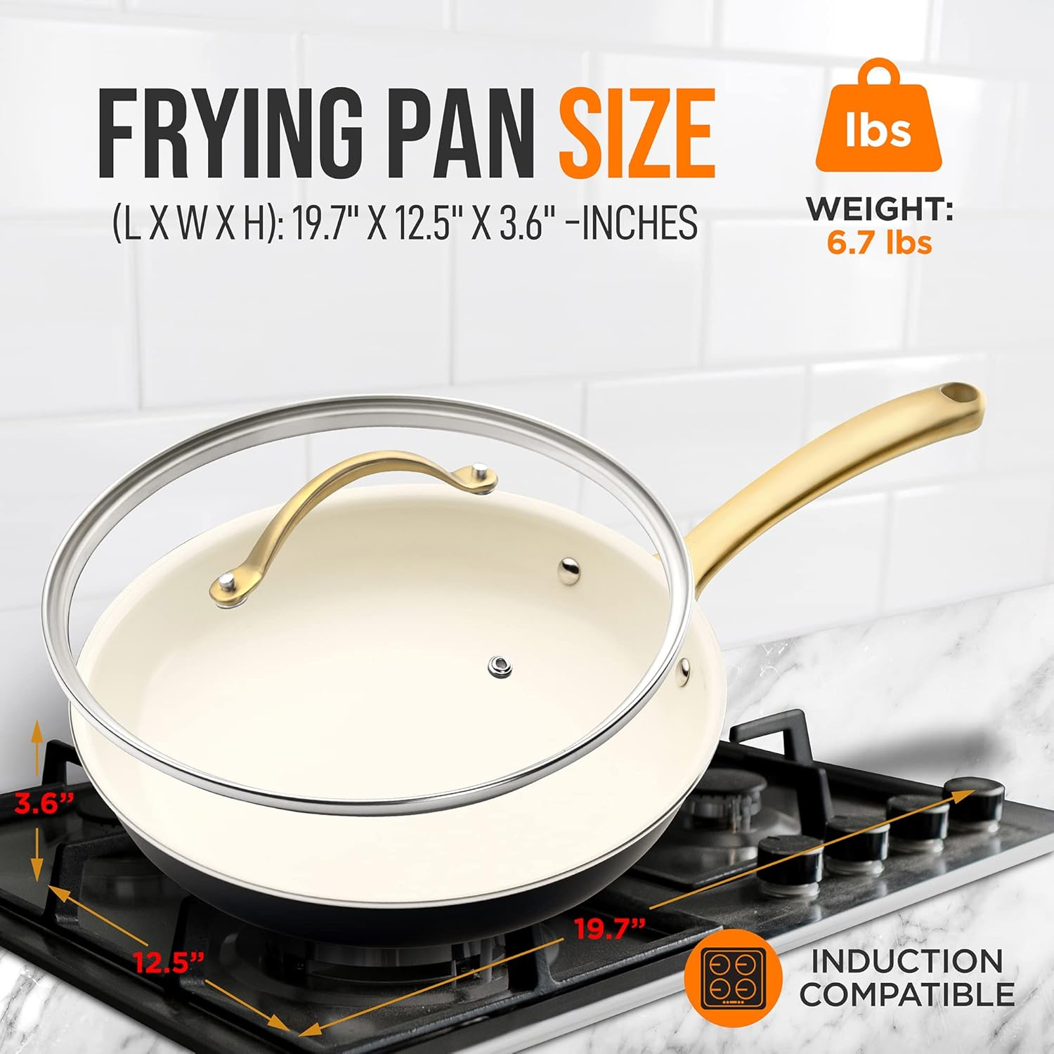 12” Nonstick Frying Pan with Lid - Large Skillet with Golden Titanium-Coated Silicone Handle, Ceramic Coating, Stain-Resistant and Easy to Clean, Professional Home Cookware