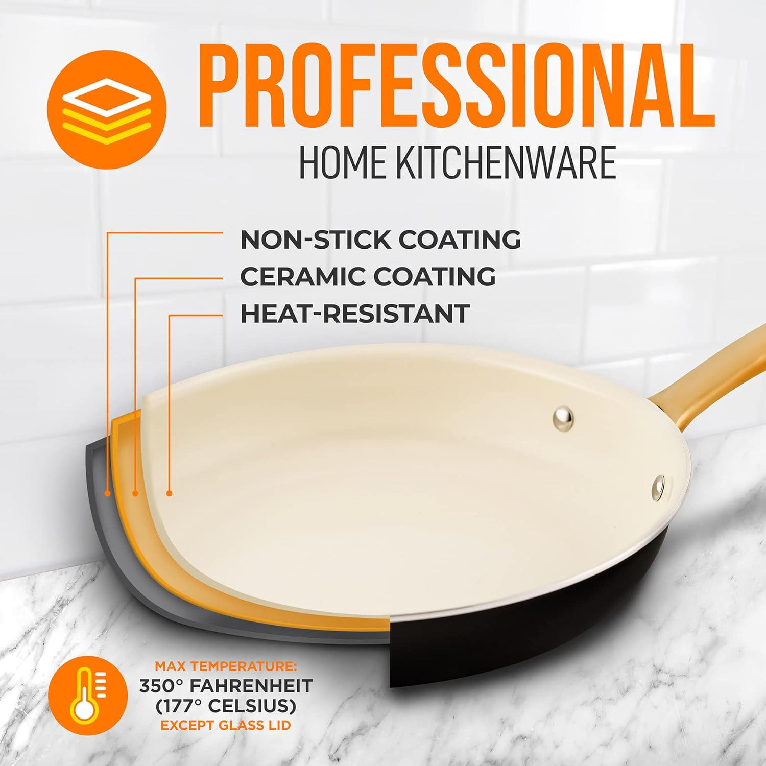 12” Nonstick Frying Pan with Lid - Large Skillet with Golden Titanium-Coated Silicone Handle, Ceramic Coating, Stain-Resistant and Easy to Clean, Professional Home Cookware