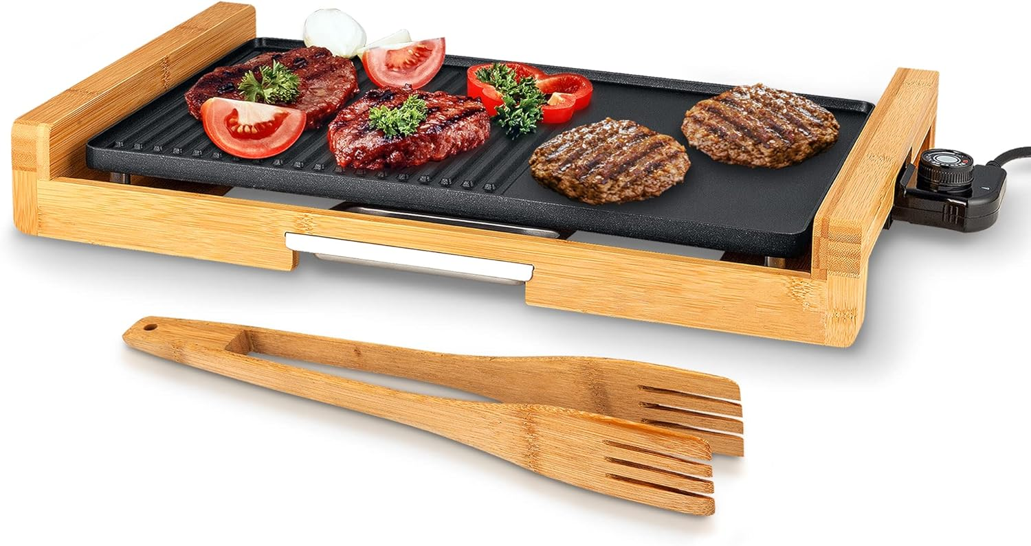 NutriChef Kitchen Detachable Smokeless Electric Bamboo Grill - Indoor Smokeless Grill with Nonstick Heating Tube and Adjustable Temperature Control, Black (NCEGB50)