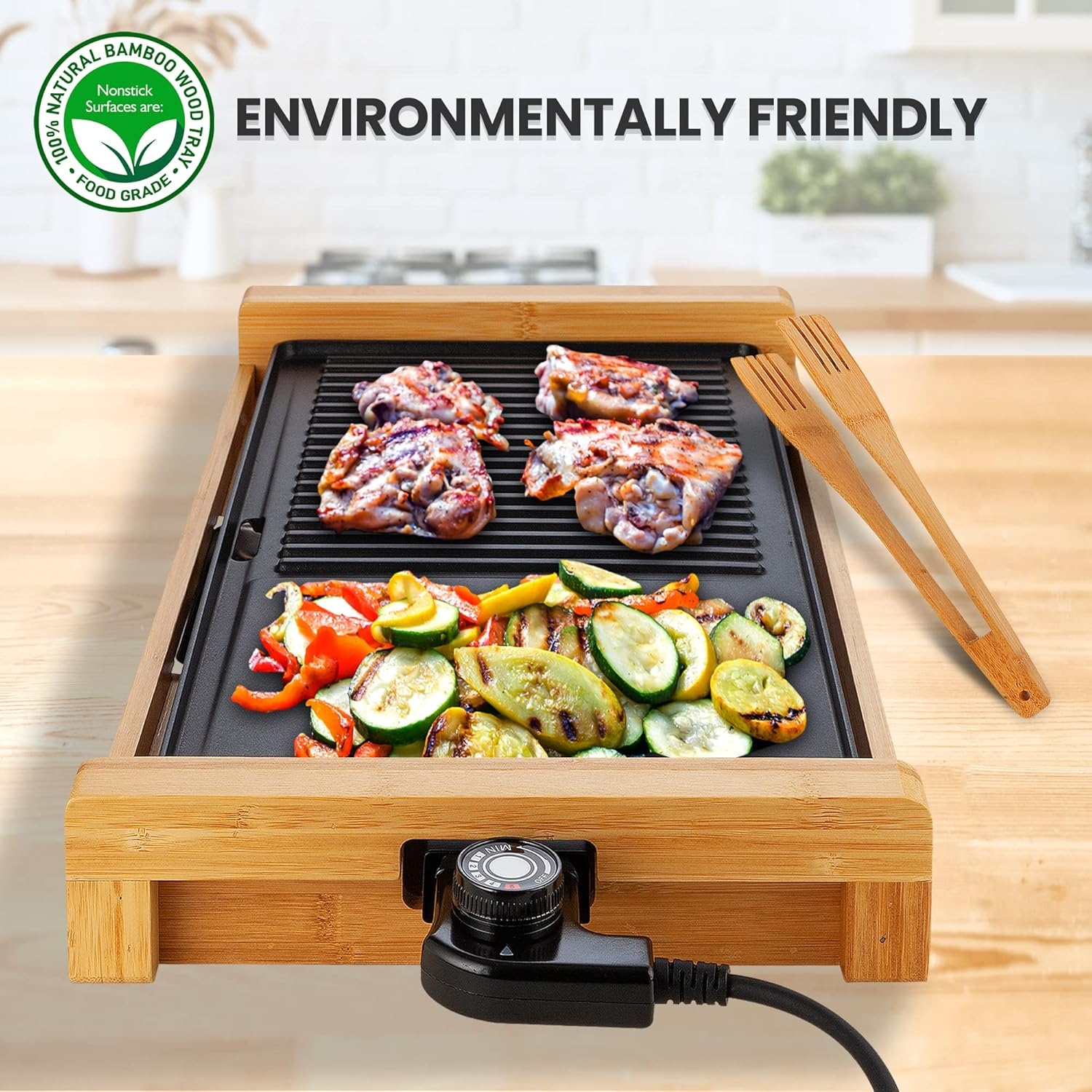 NutriChef Kitchen Detachable Smokeless Electric Bamboo Grill - Indoor Smokeless Grill with Nonstick Heating Tube and Adjustable Temperature Control, Black (NCEGB50)