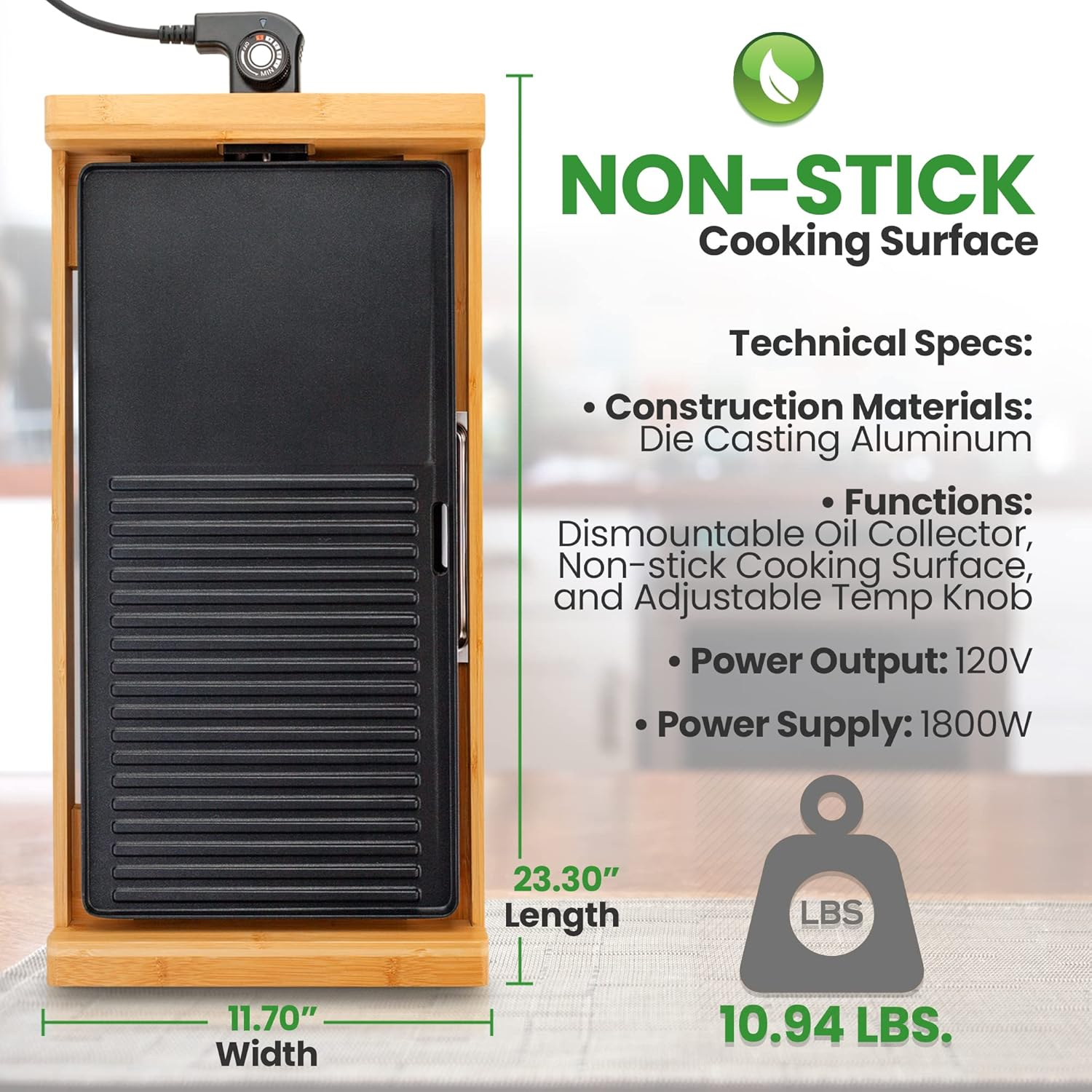 NutriChef Kitchen Detachable Smokeless Electric Bamboo Grill - Indoor Smokeless Grill with Nonstick Heating Tube and Adjustable Temperature Control, Black (NCEGB50)