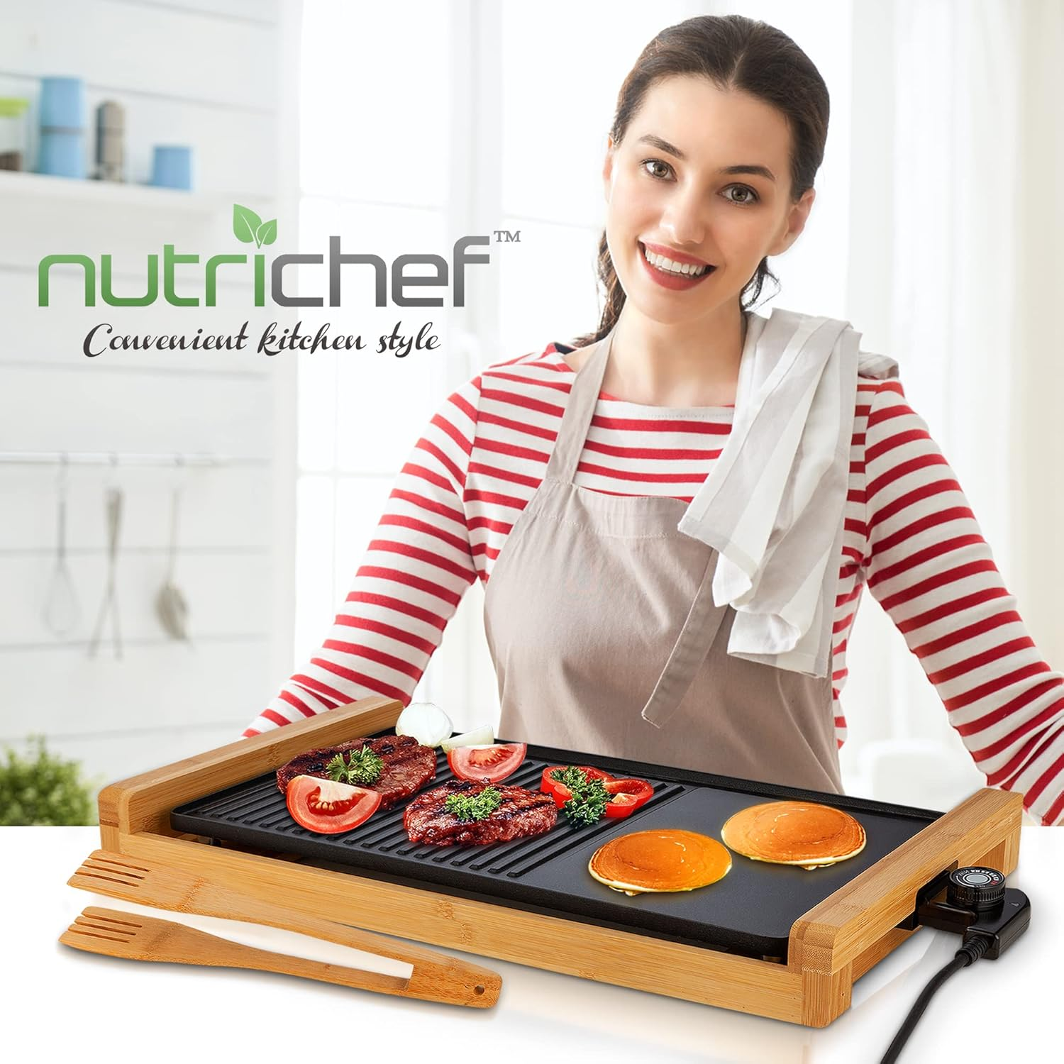 NutriChef Kitchen Detachable Smokeless Electric Bamboo Grill - Indoor Smokeless Grill with Nonstick Heating Tube and Adjustable Temperature Control, Black (NCEGB50)