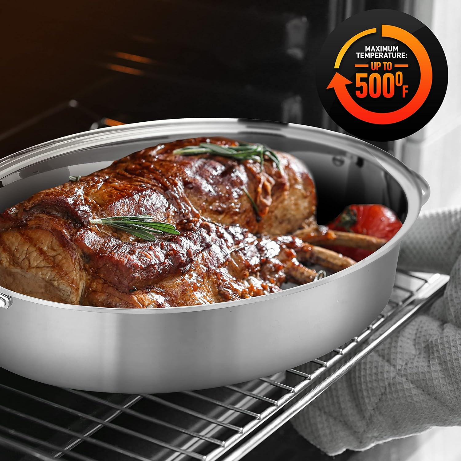 Roasting Pan with Rack - Stainless Steel Oval Roaster, Perfect for Chicken and Turkey, Ideal for Thanksgiving Dinners, Dishwasher Safe