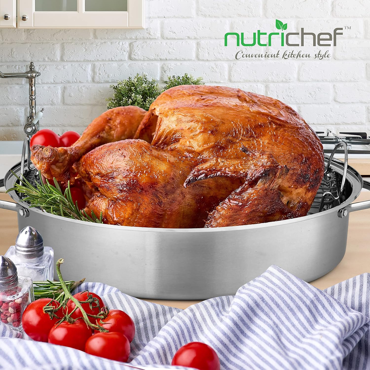 Roasting Pan with Rack - Stainless Steel Oval Roaster, Perfect for Chicken and Turkey, Ideal for Thanksgiving Dinners, Dishwasher Safe