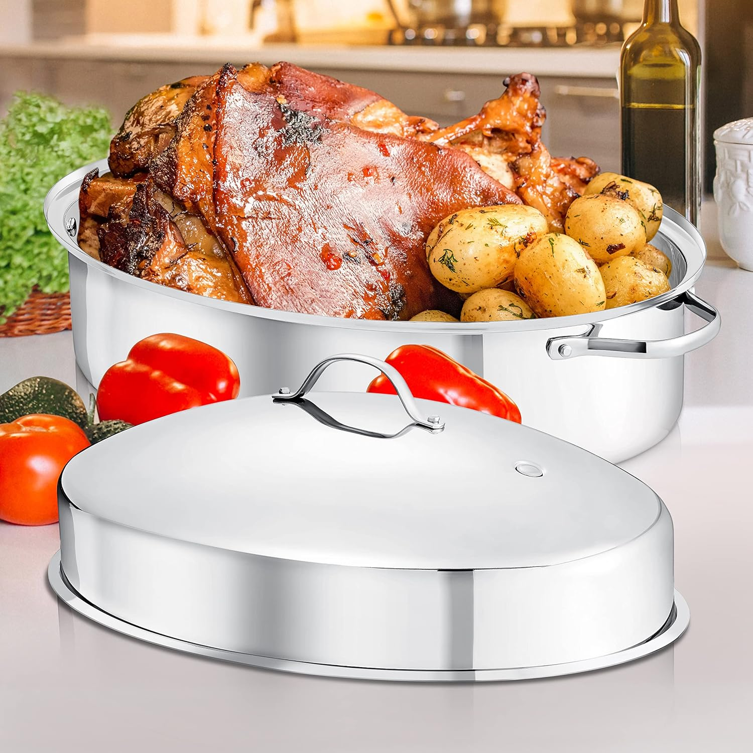 Roasting Pan with Rack - Stainless Steel Oval Roaster, Perfect for Chicken and Turkey, Ideal for Thanksgiving Dinners, Dishwasher Safe