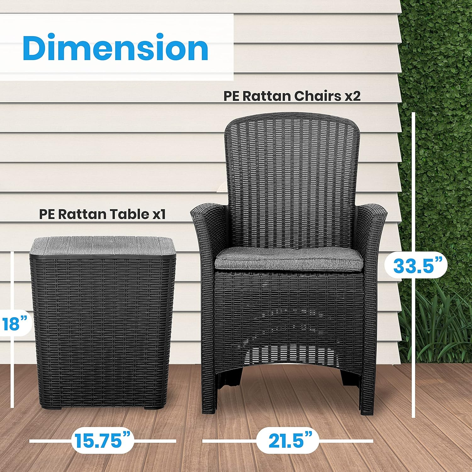 SereneLife 3-Piece Patio Porch Furniture Set - Outdoor Balcony Conversation Bistro Set, PE Rattan Wicker Chairs with Soft Cushions and Glass Coffee Table - SLCHB790, Black